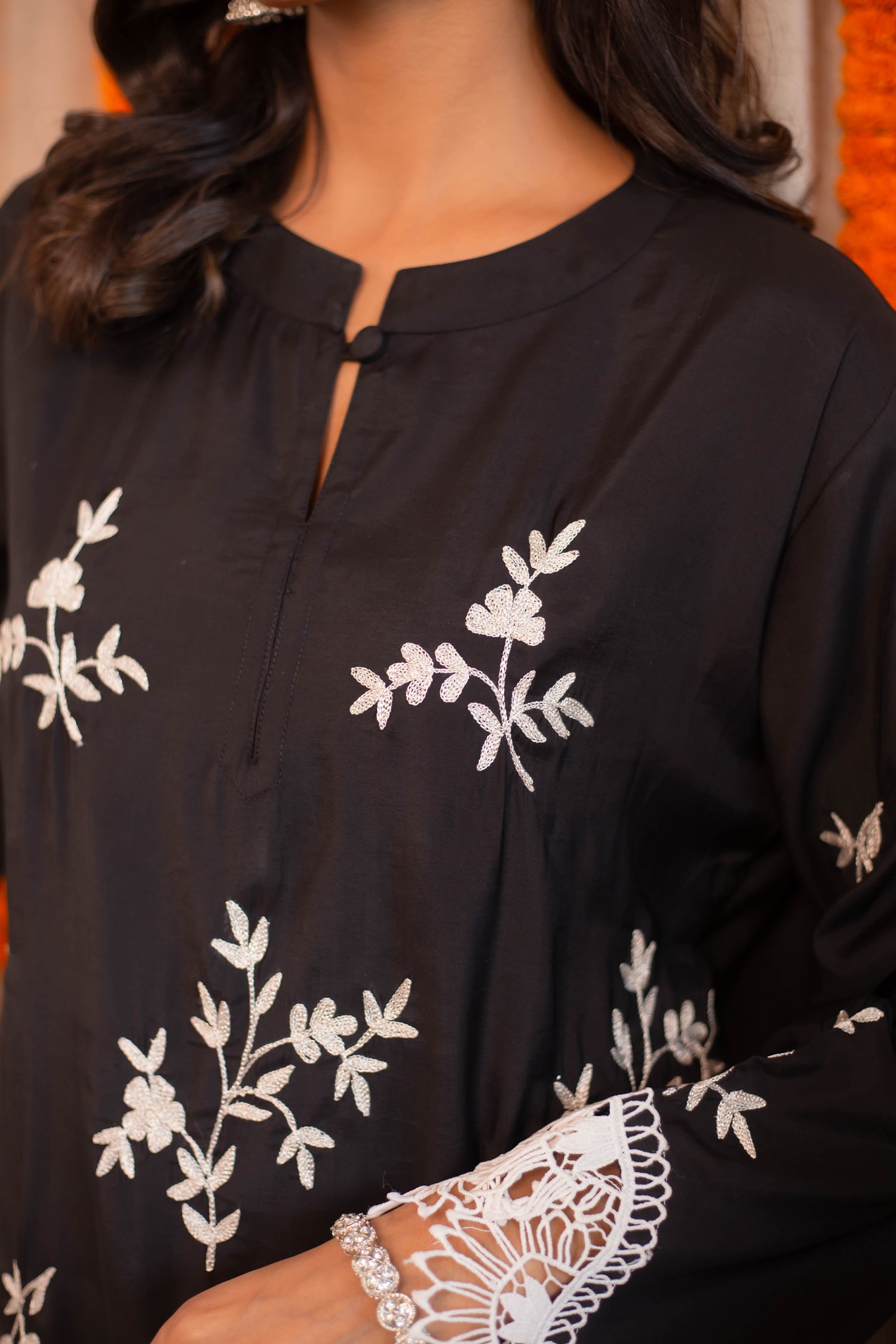 Saba Zari Work Long Kurta In Muslin - Black