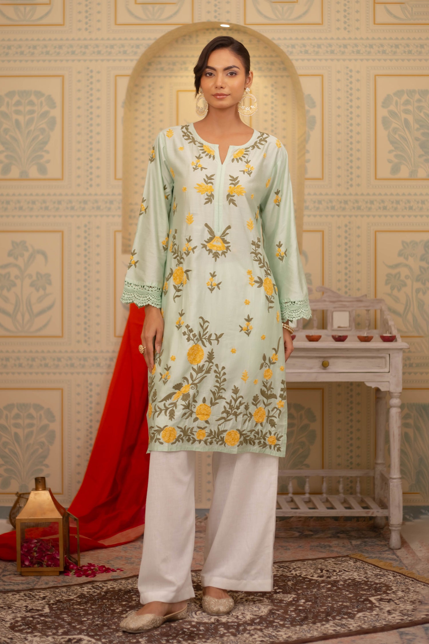 Falak Kashmiri Long Kurta In Turquoise Green Chanderi Silk With Aari