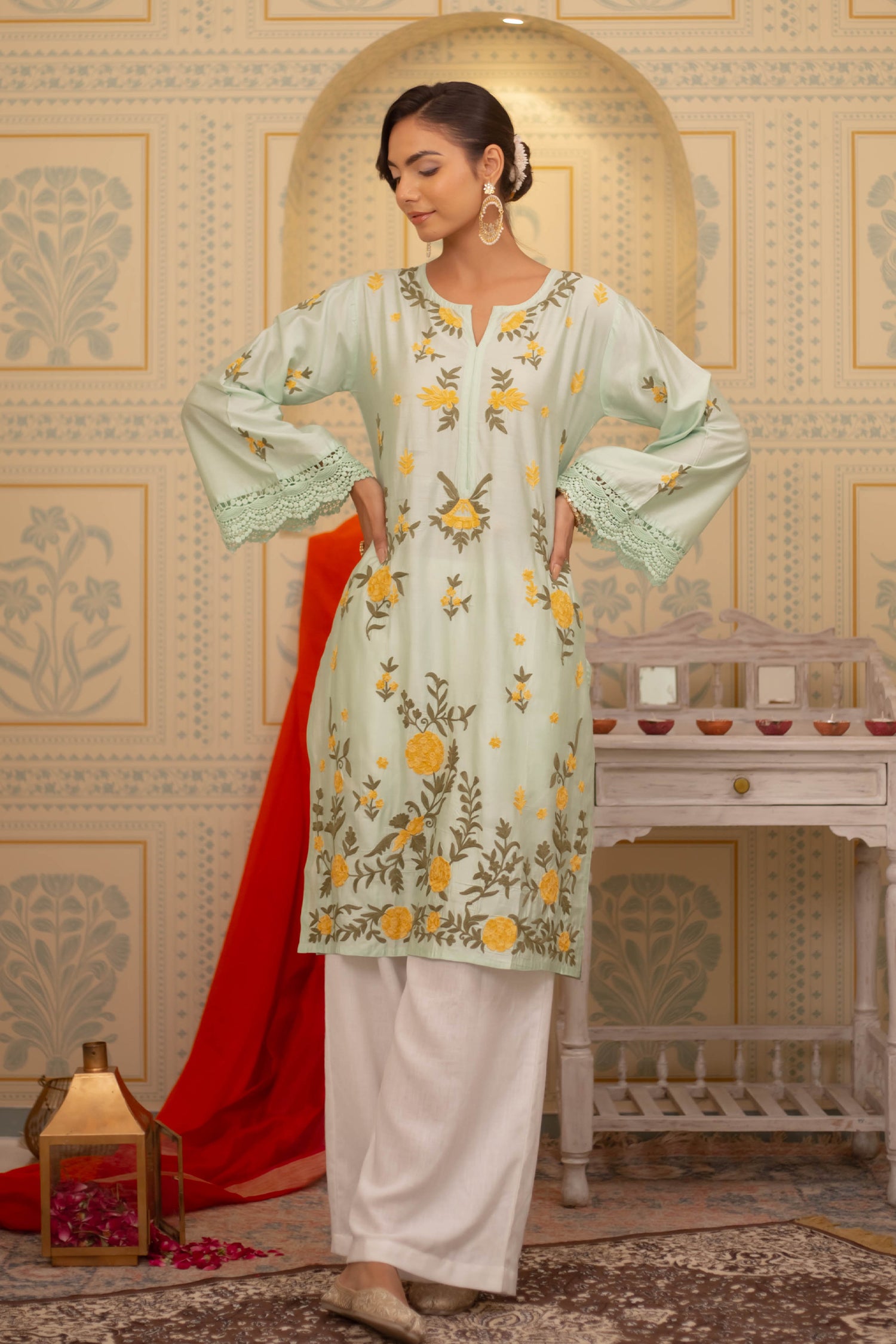 Falak Kashmiri Long Kurta In Turquoise Green Chanderi Silk With Aari