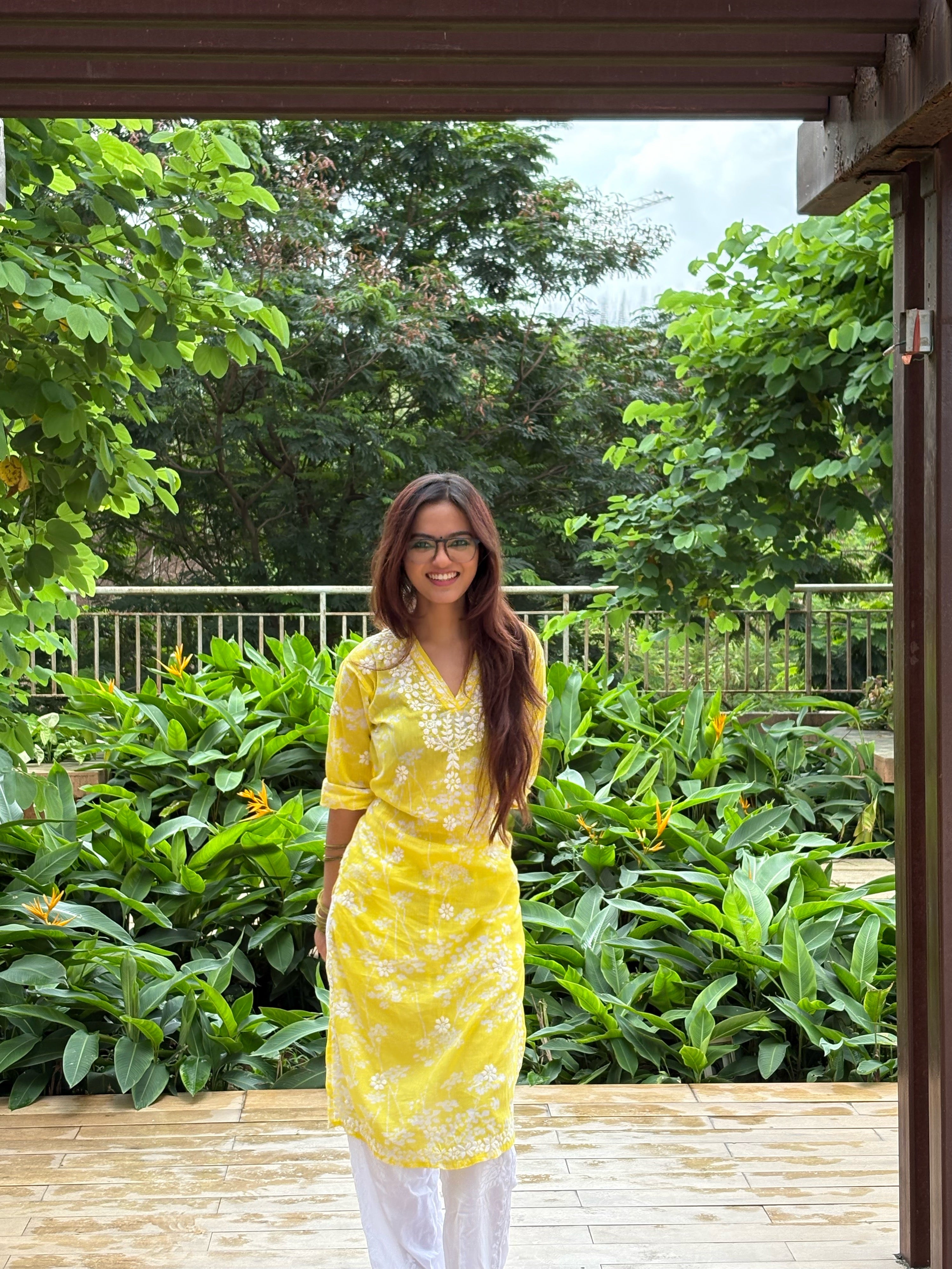 Ishita in Mul Cotton Chikankari Long Kurta in Yellow