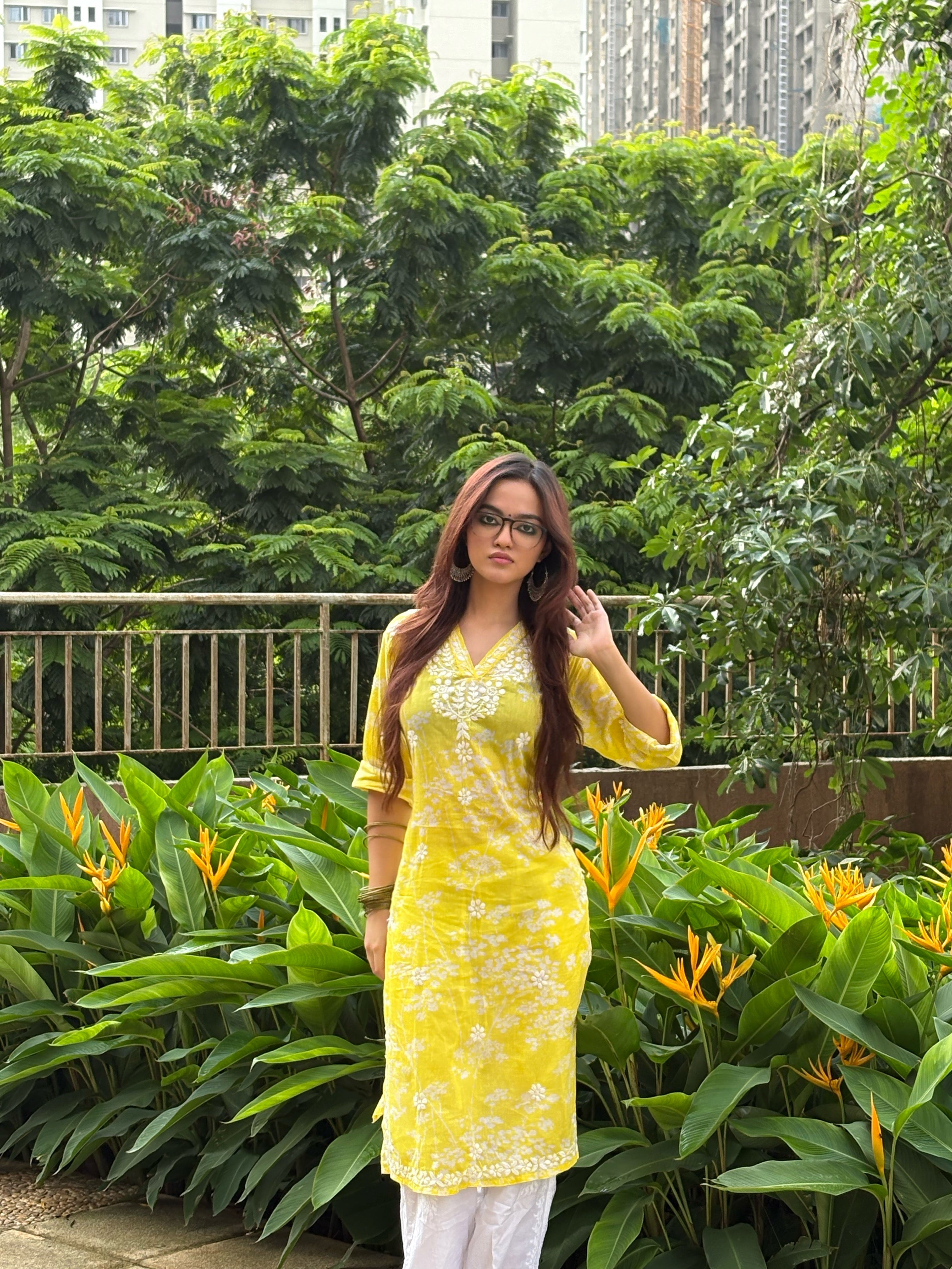 Ishita in Mul Cotton Chikankari Long Kurta in Yellow