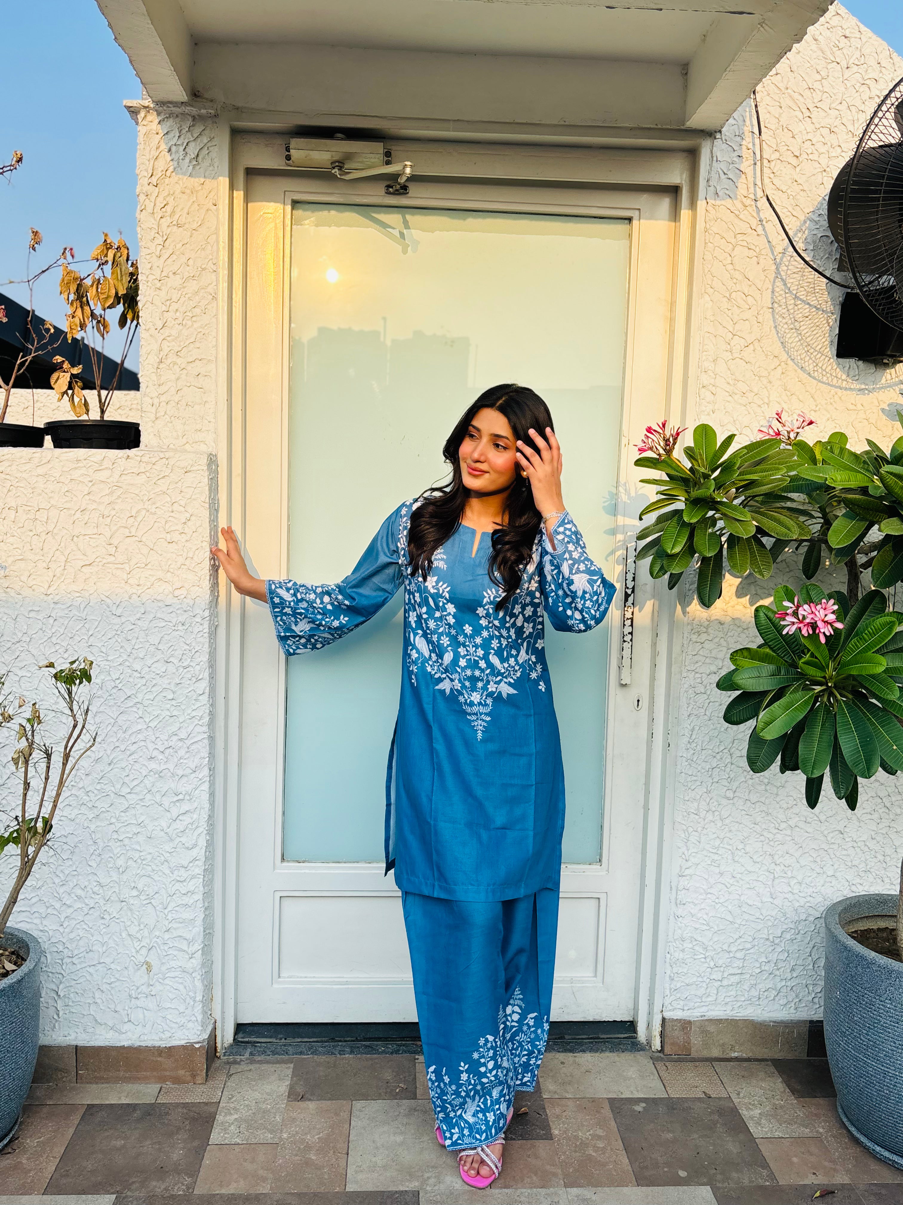 Fiza Malik x HOK in Indigo Blue Printed Lawn Cotton Kurta Set with Farsi Pants