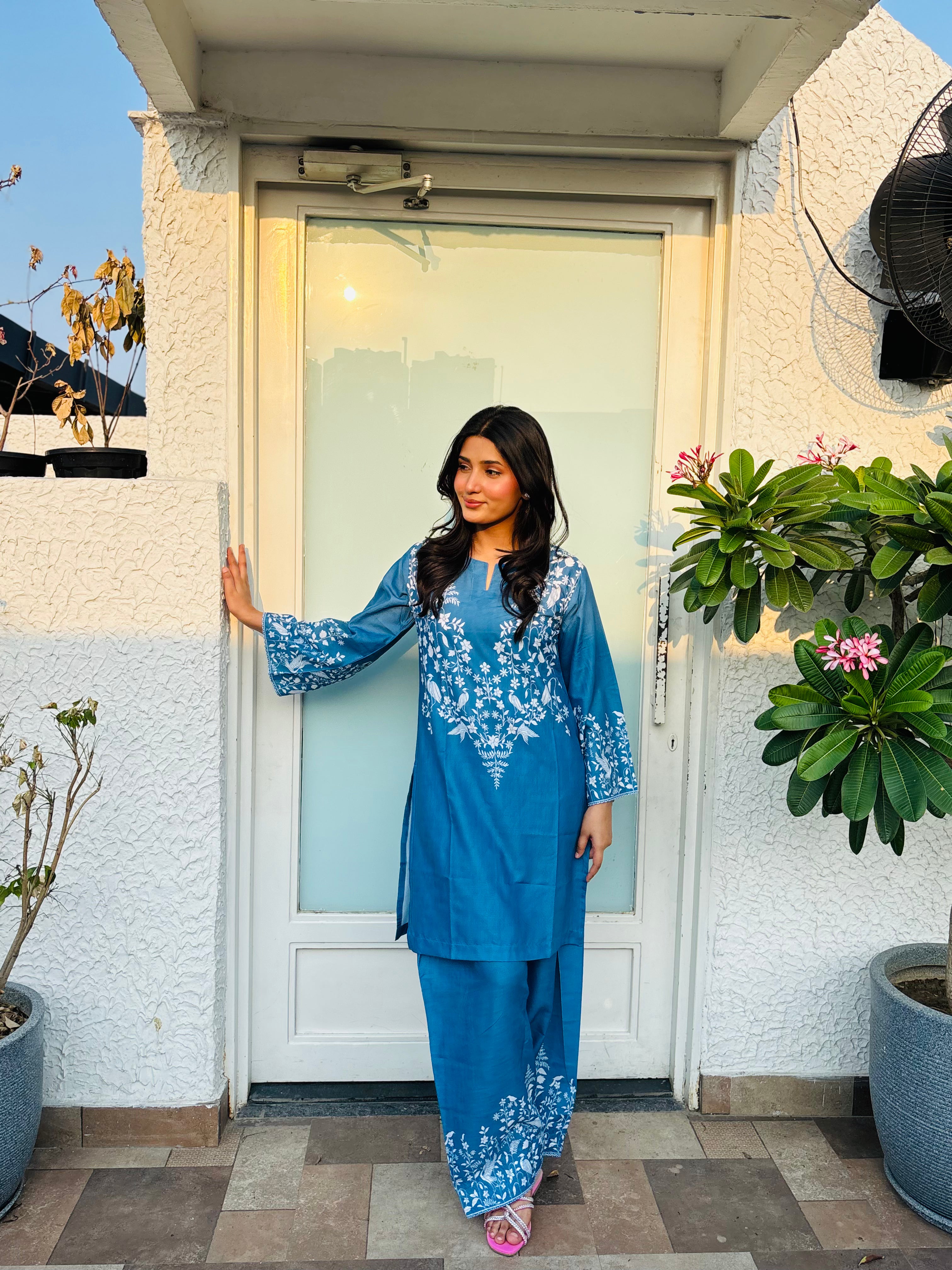 Fiza Malik x HOK in Indigo Blue Printed Lawn Cotton Kurta Set with Farsi Pants