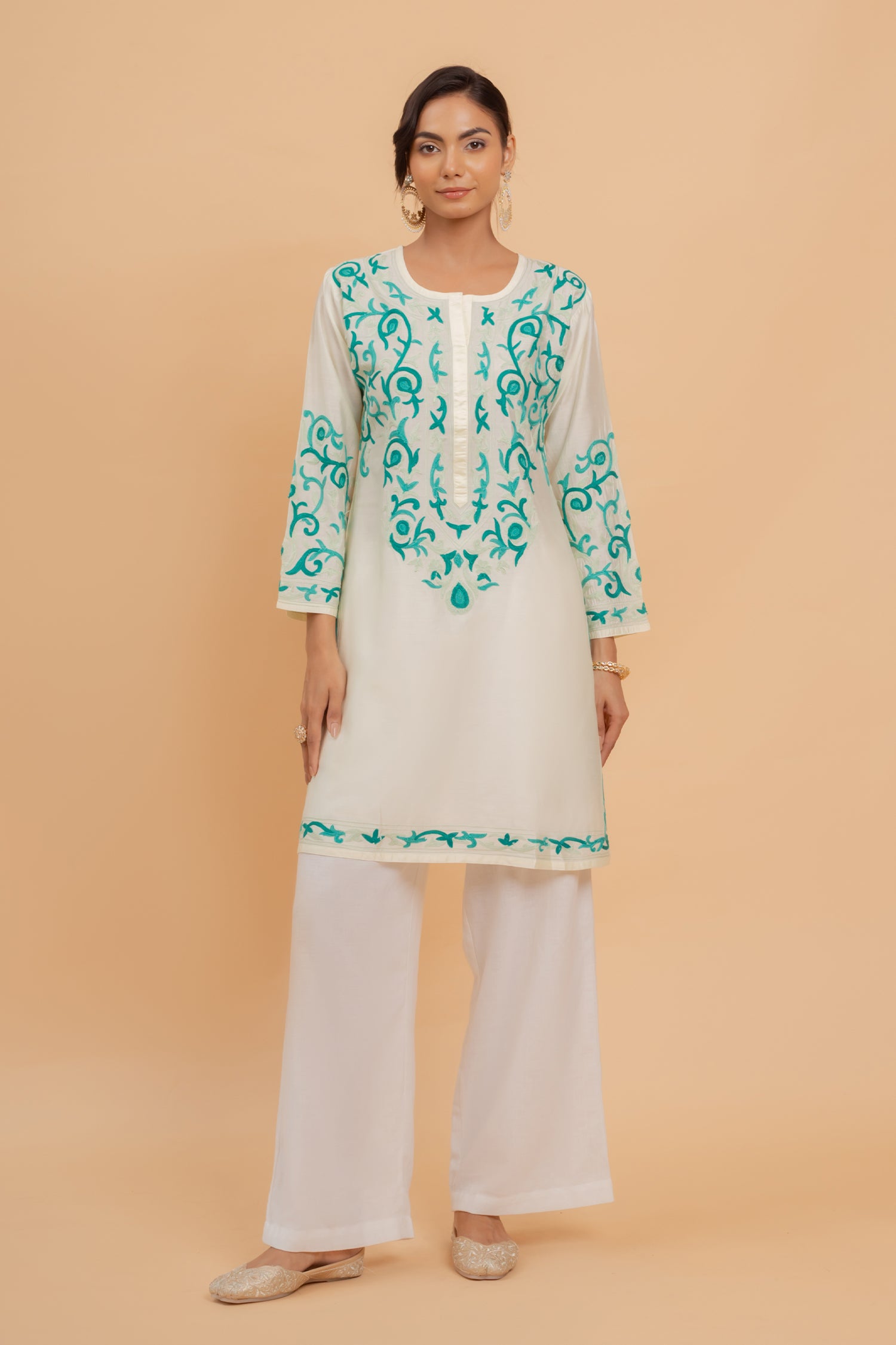Mohi in Falak Kashmiri Long Kurta In Chanderi Silk With Turquoise Blue Embroidery