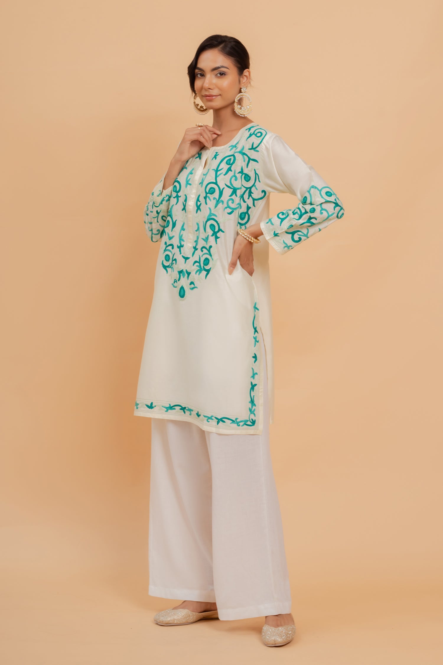 Mohi in Falak Kashmiri Long Kurta In Chanderi Silk With Turquoise Blue Embroidery