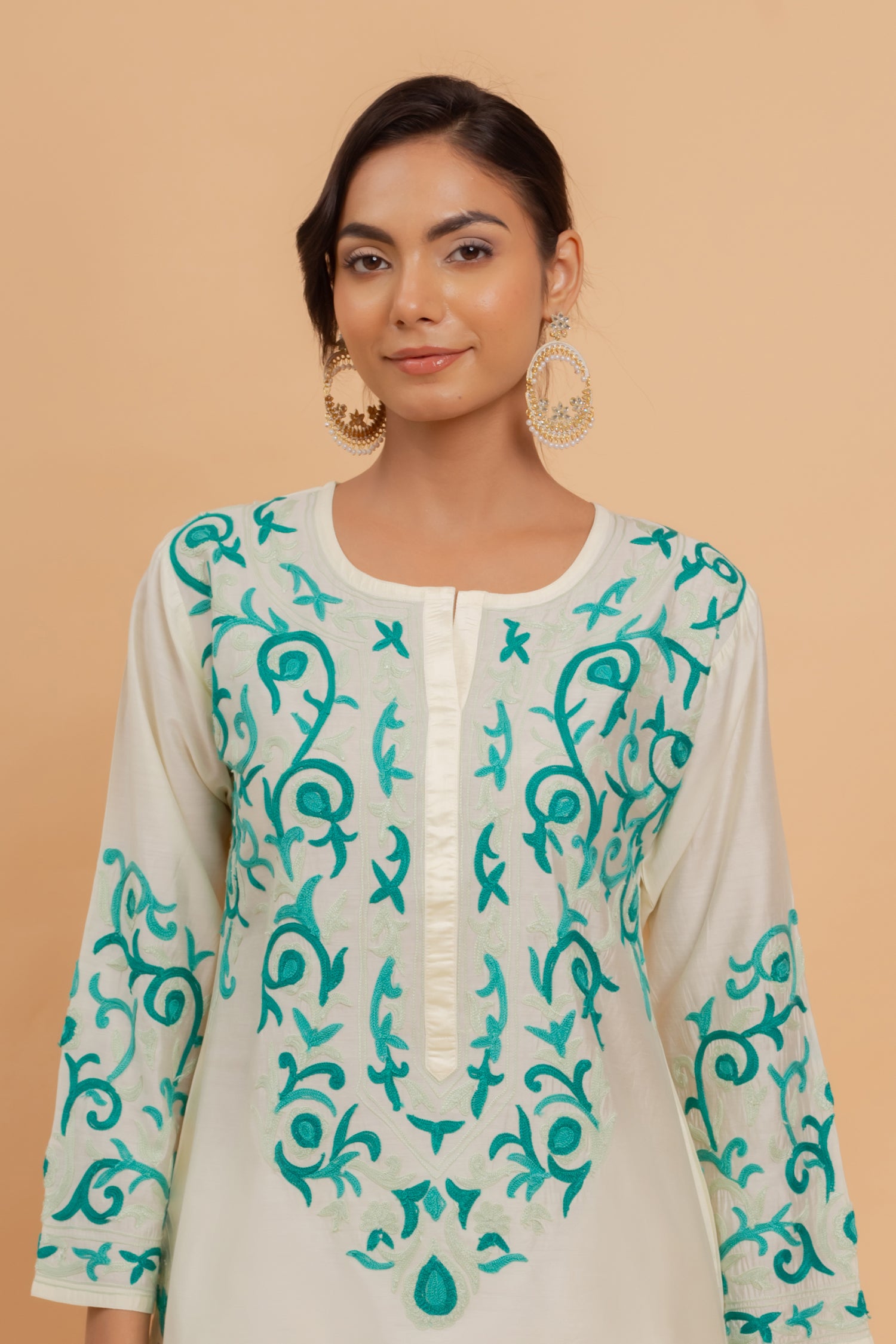Mohi in Falak Kashmiri Long Kurta In Chanderi Silk With Turquoise Blue Embroidery