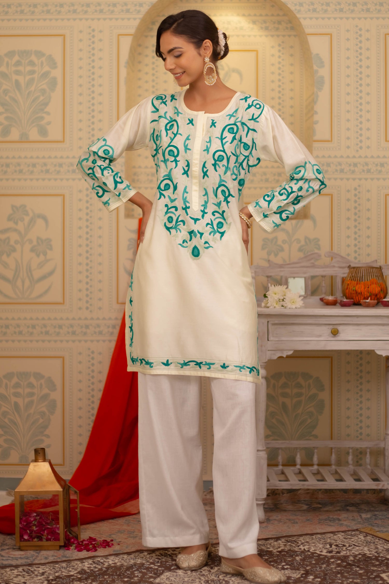 Mohi in Falak Kashmiri Long Kurta In Chanderi Silk With Turquoise Blue Embroidery