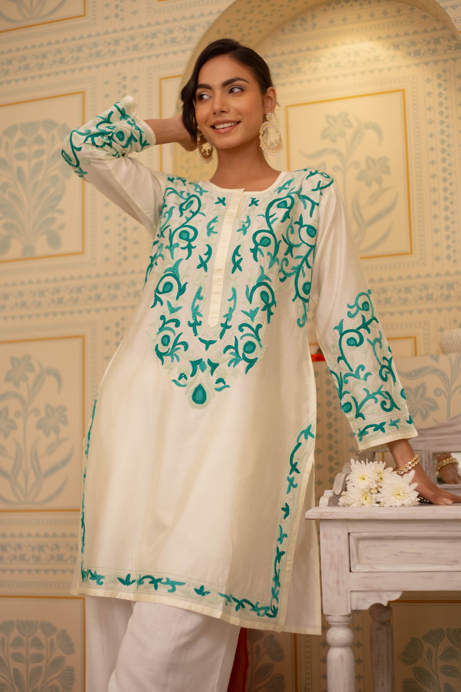 Mohi in Falak Kashmiri Long Kurta In Chanderi Silk With Turquoise Blue Embroidery