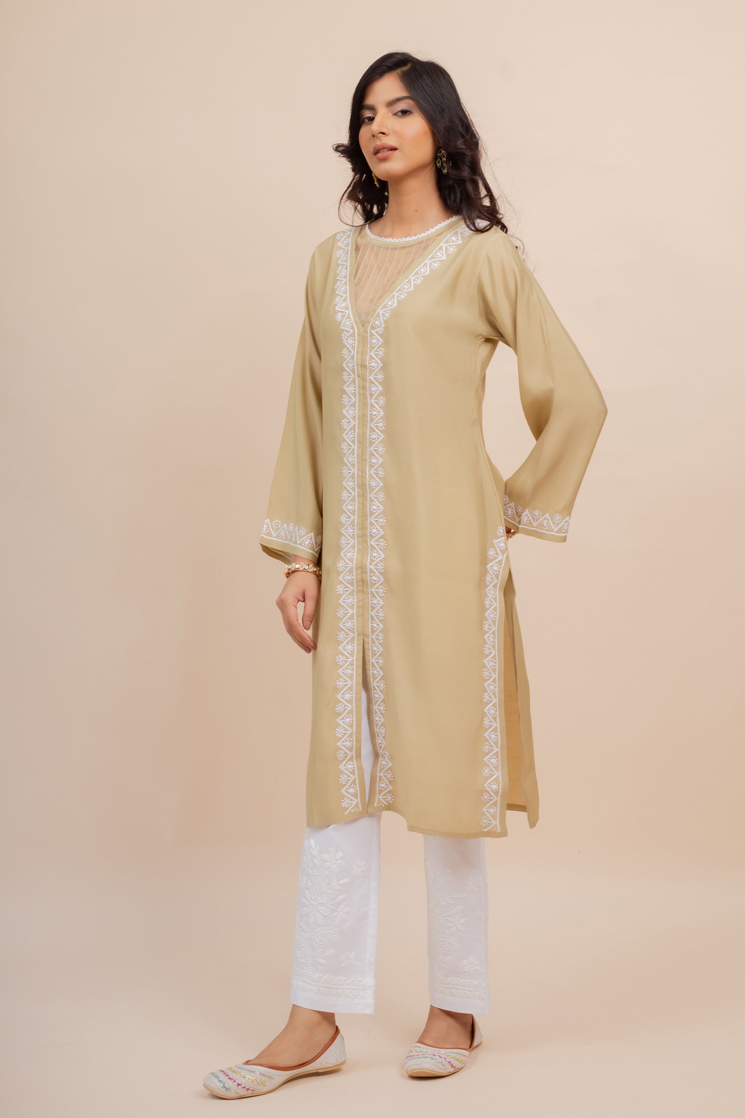 Saba Chikankari Long Kurta In Muslin - Beige