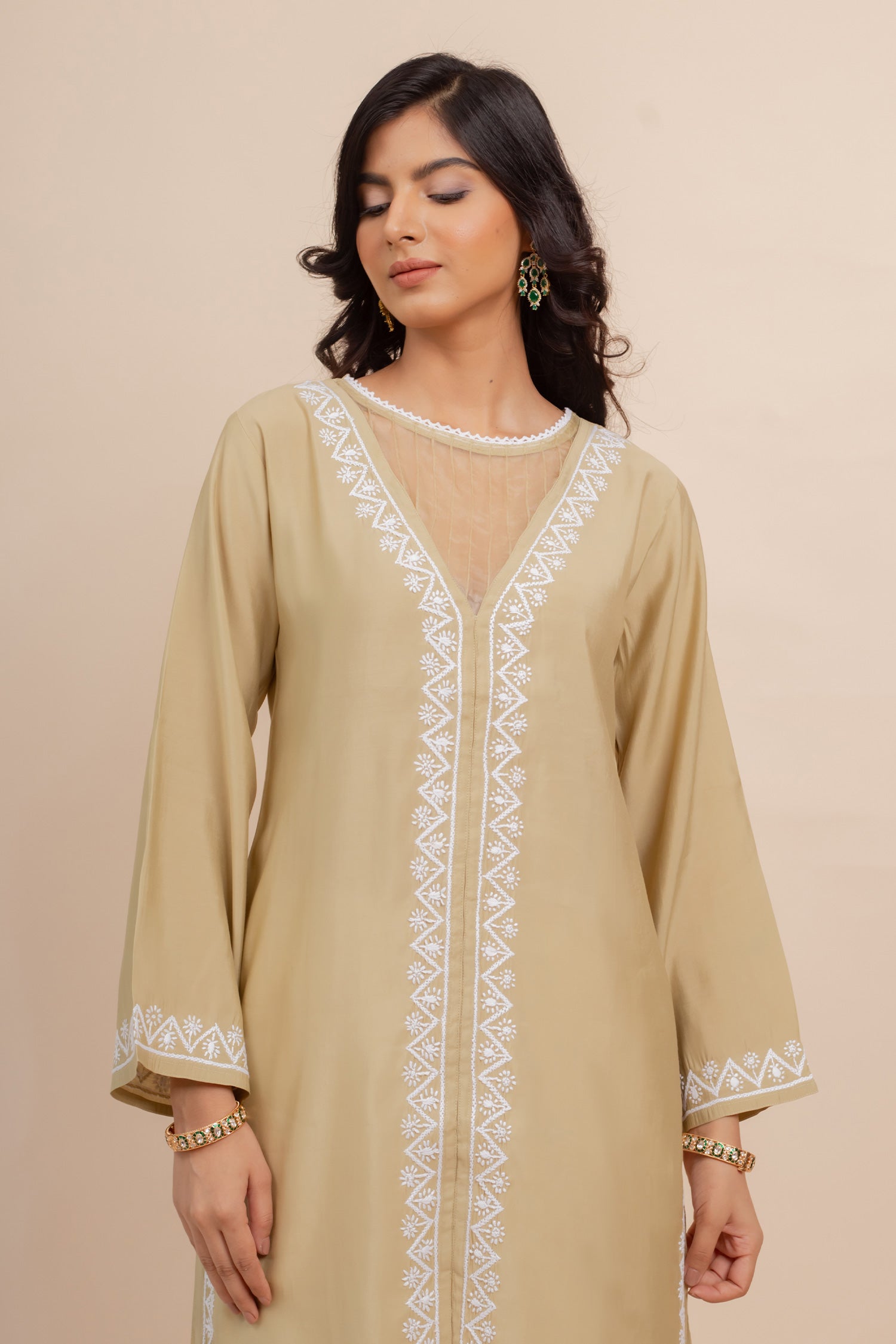 Saba Chikankari Long Kurta In Muslin - Beige