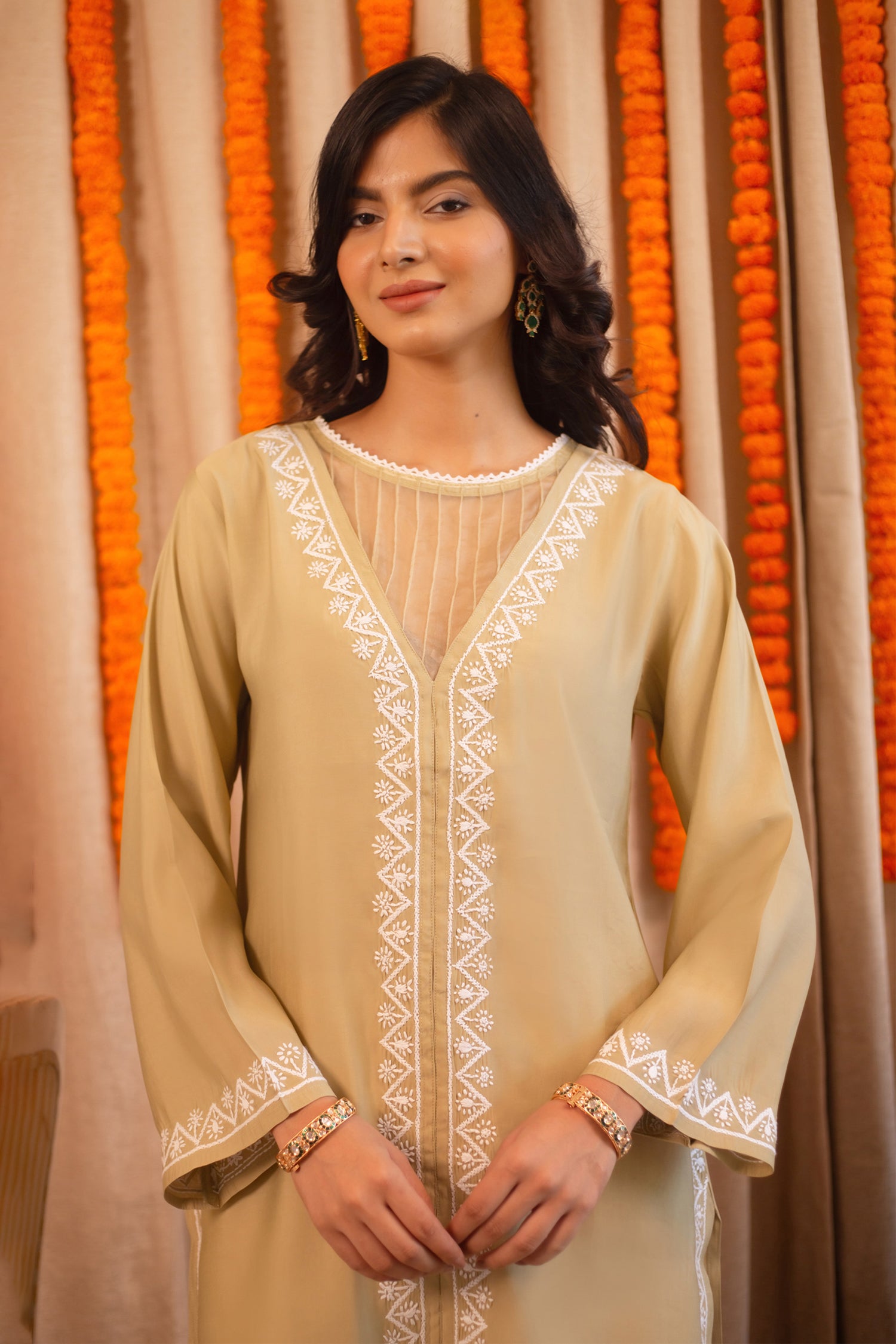 Saba Chikankari Long Kurta In Muslin - Beige