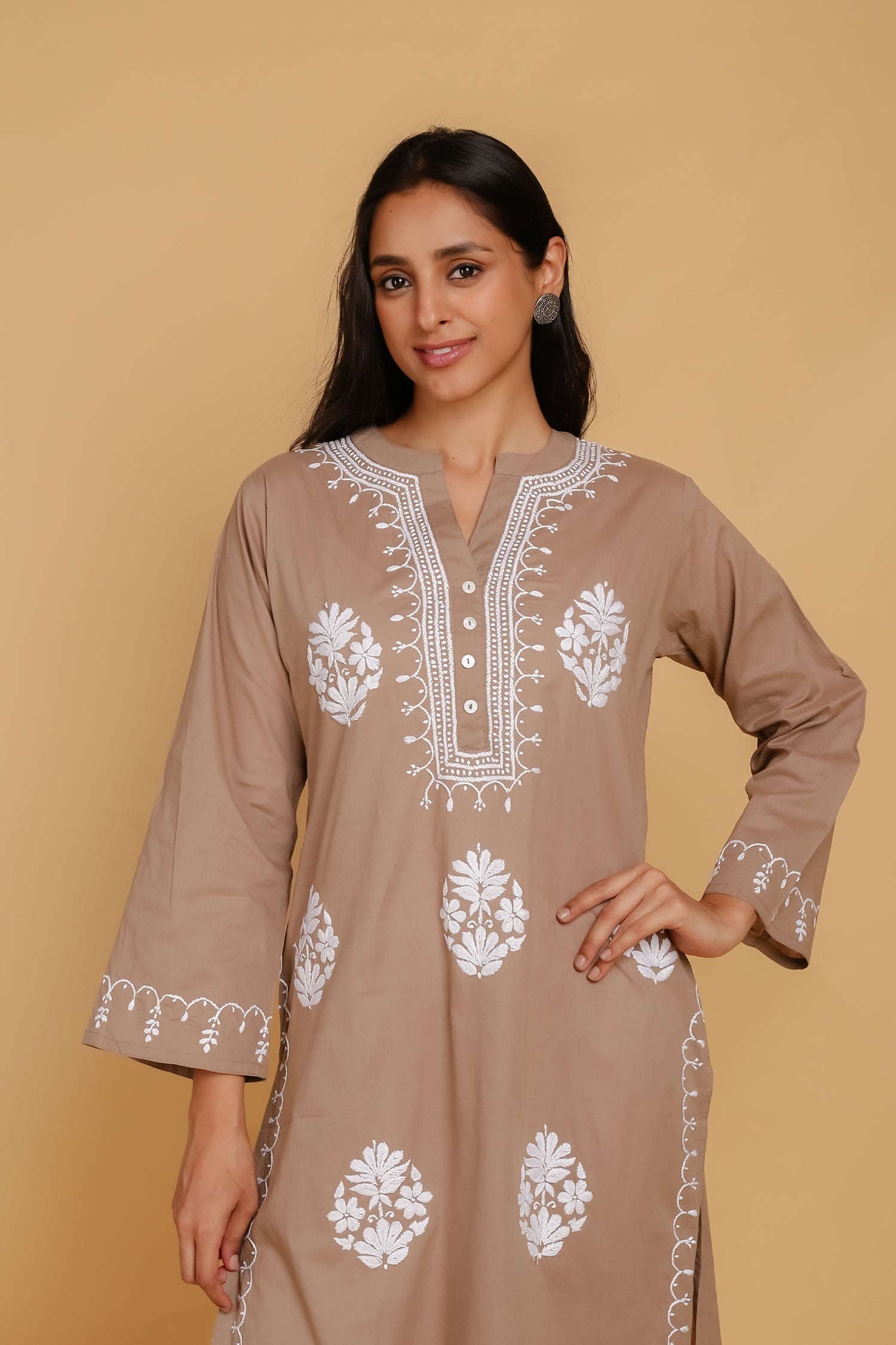 Saba Chikankari Long Kurta In Cotton - Beige