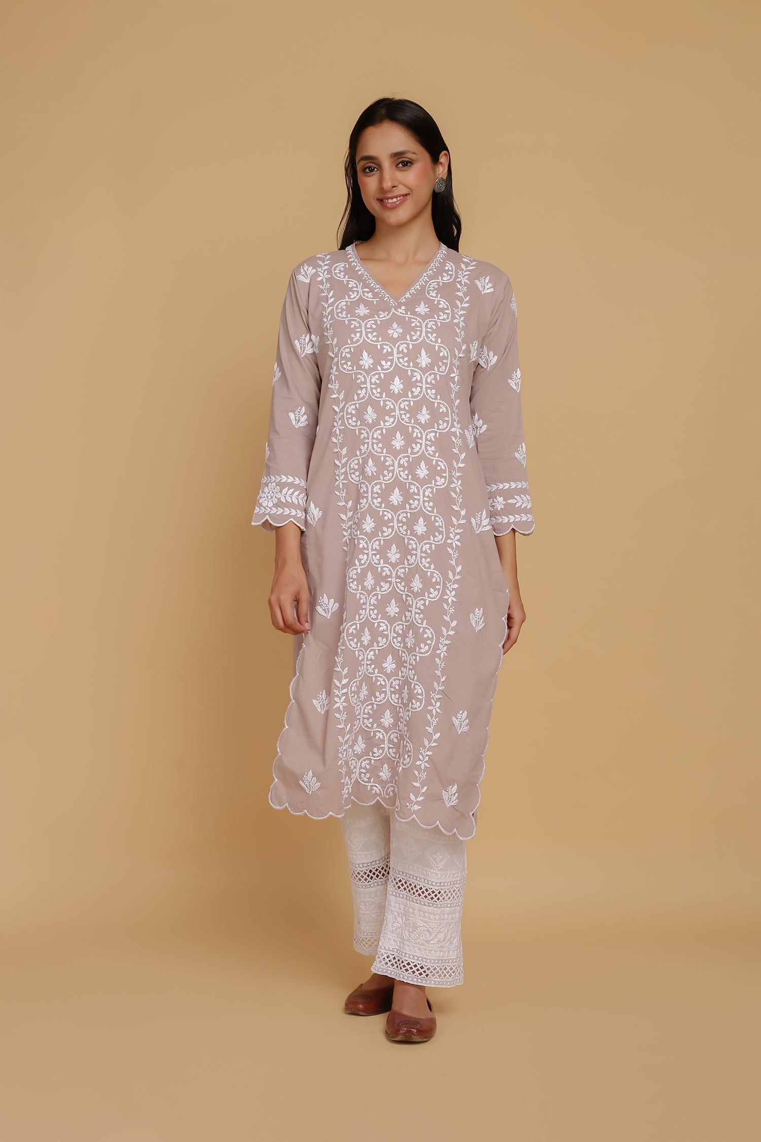 Saba Chikankari Long Kurta In Cotton - Light Lilac