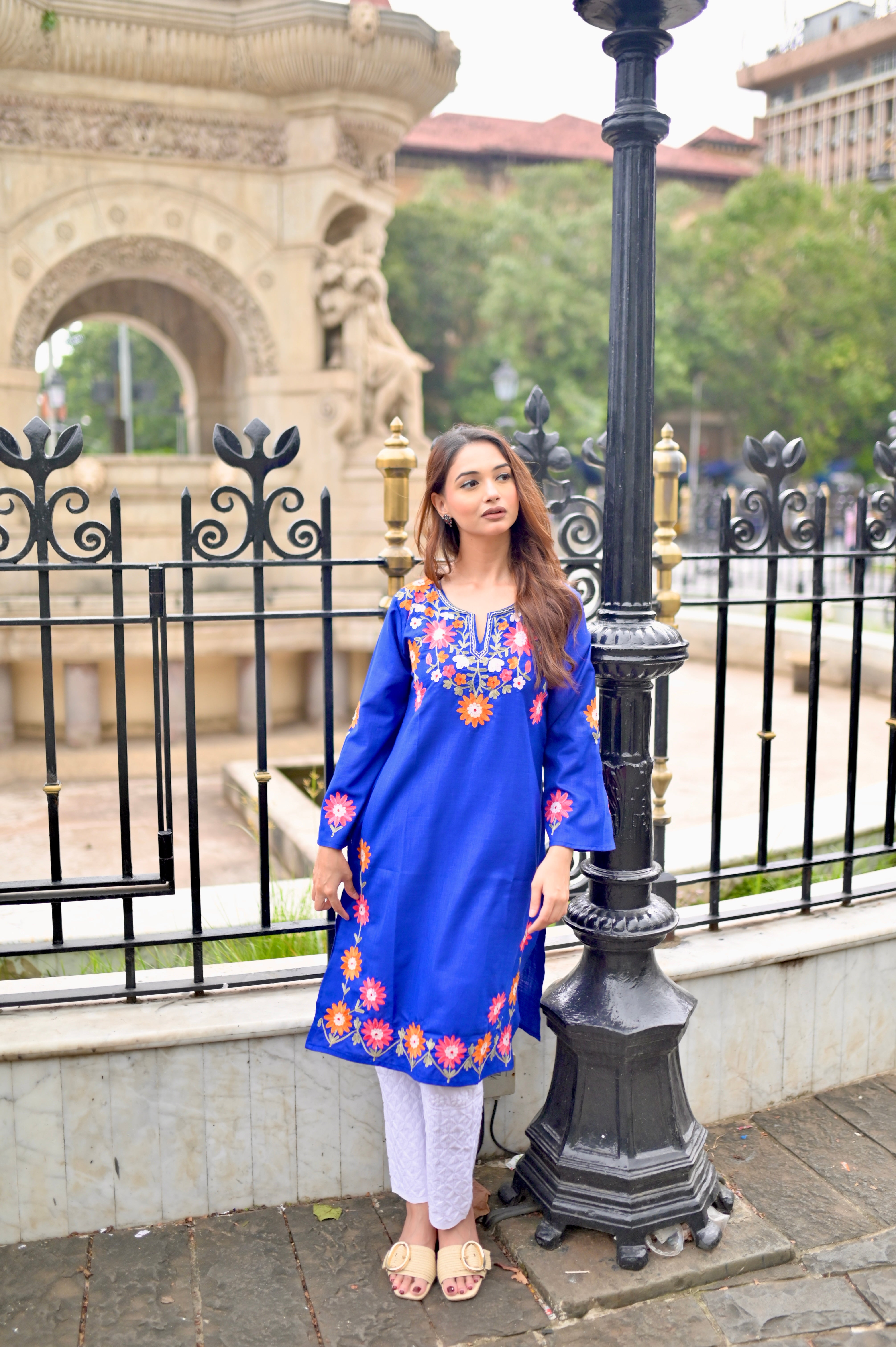 Antara Kashmiri Aari Work Long Kurta – Blue