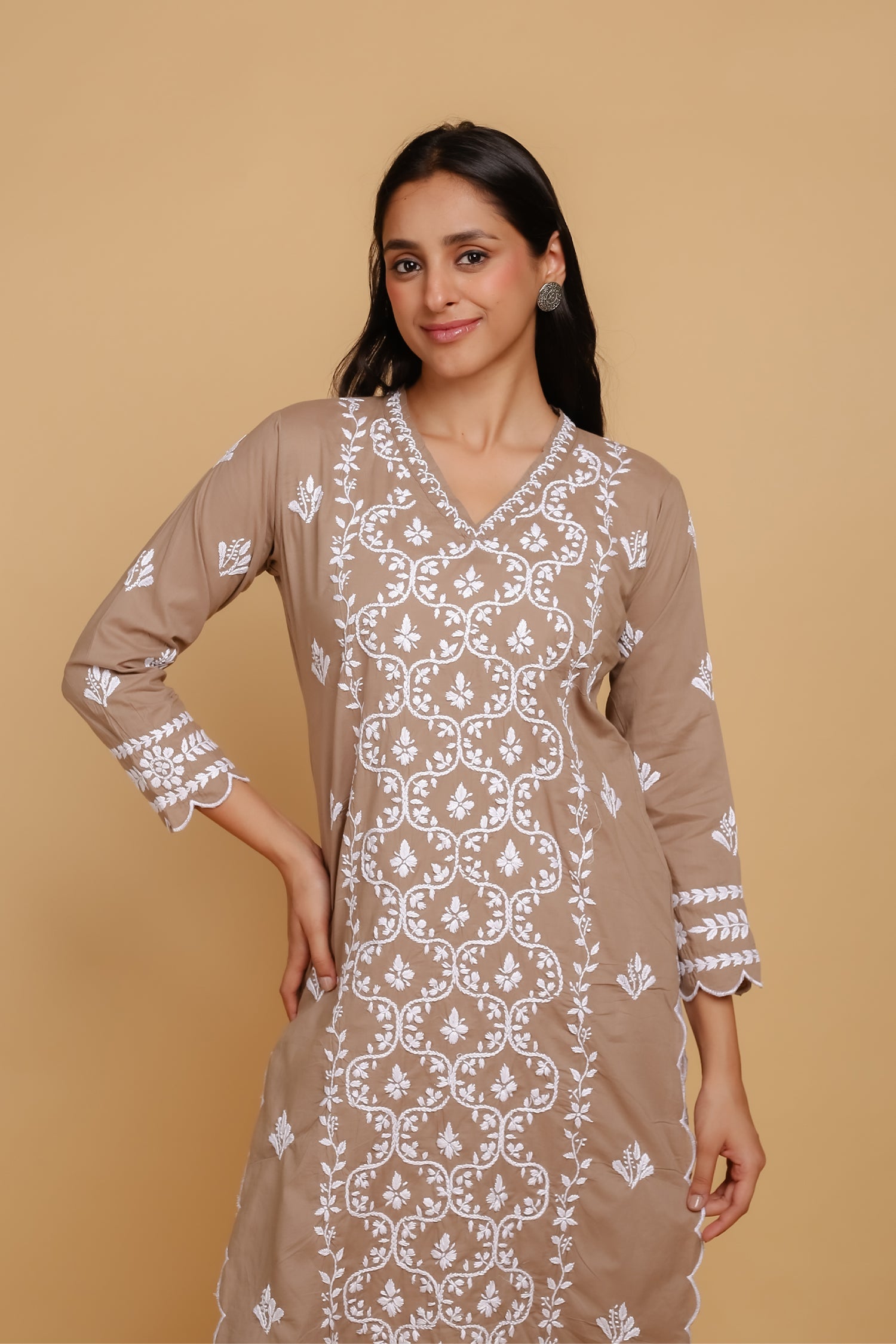 Saba Chikankari Long Kurta In Cotton - Brown
