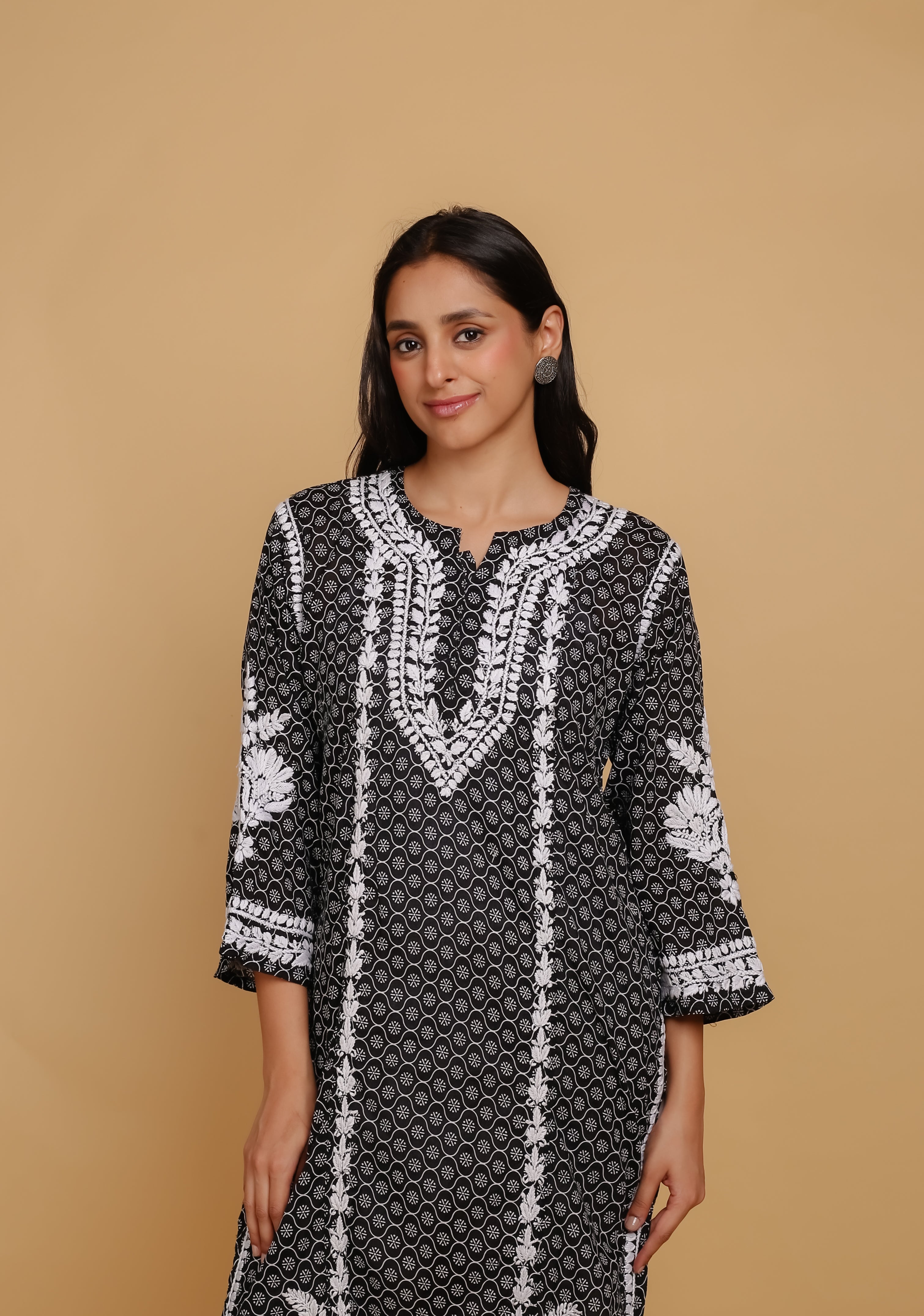 Saba Chikankari Kurta in Mul cotton in Black With White