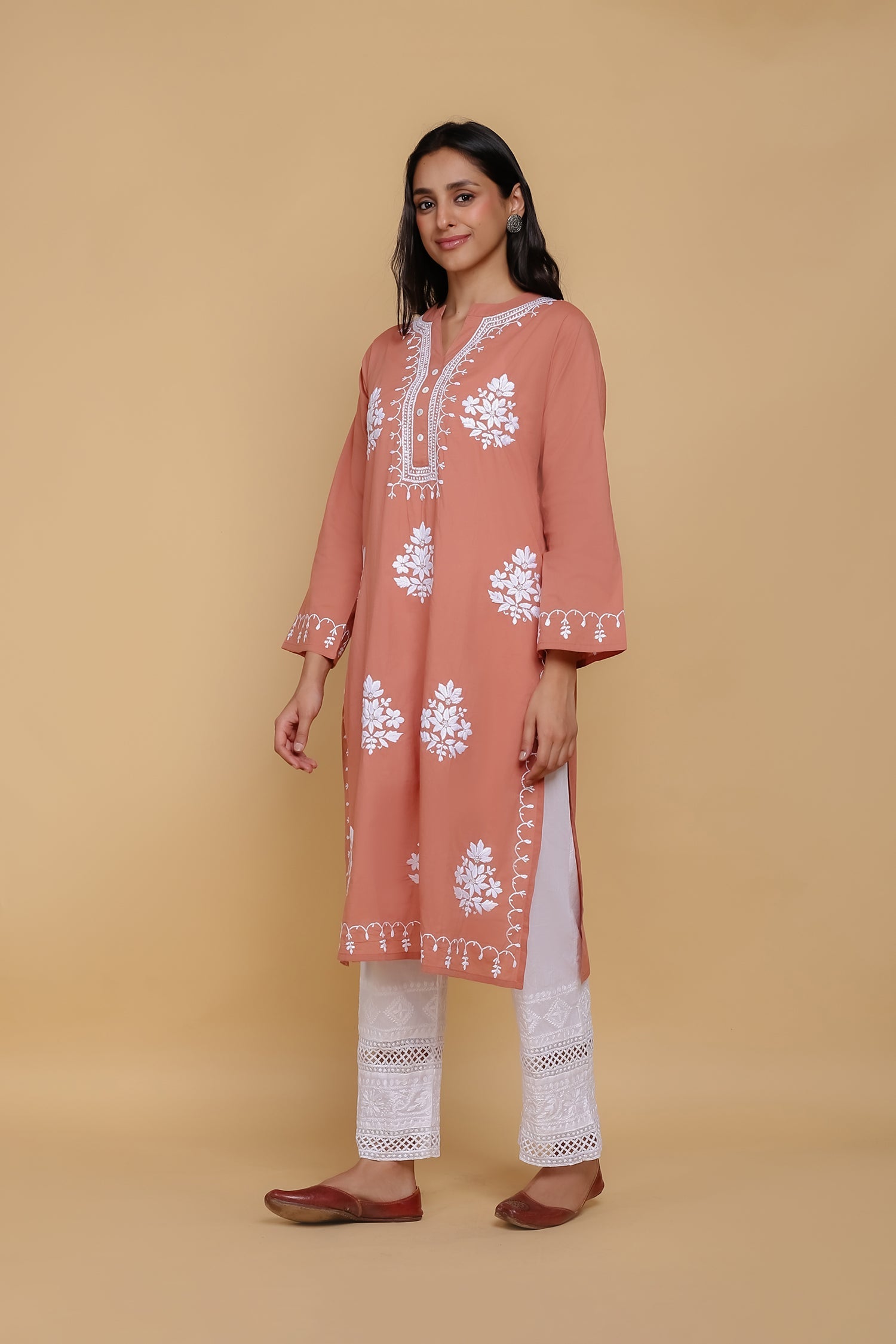 Saba Chikankari Long Kurta In Cotton - Orange