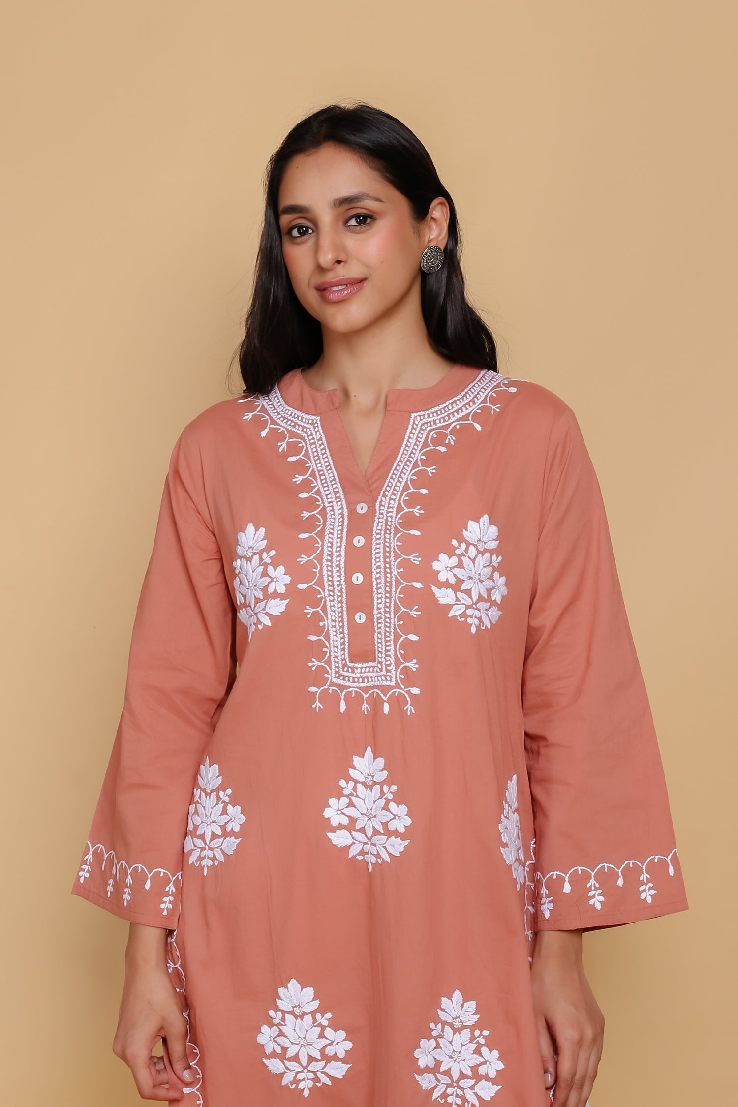 Saba Chikankari Long Kurta In Cotton - Orange