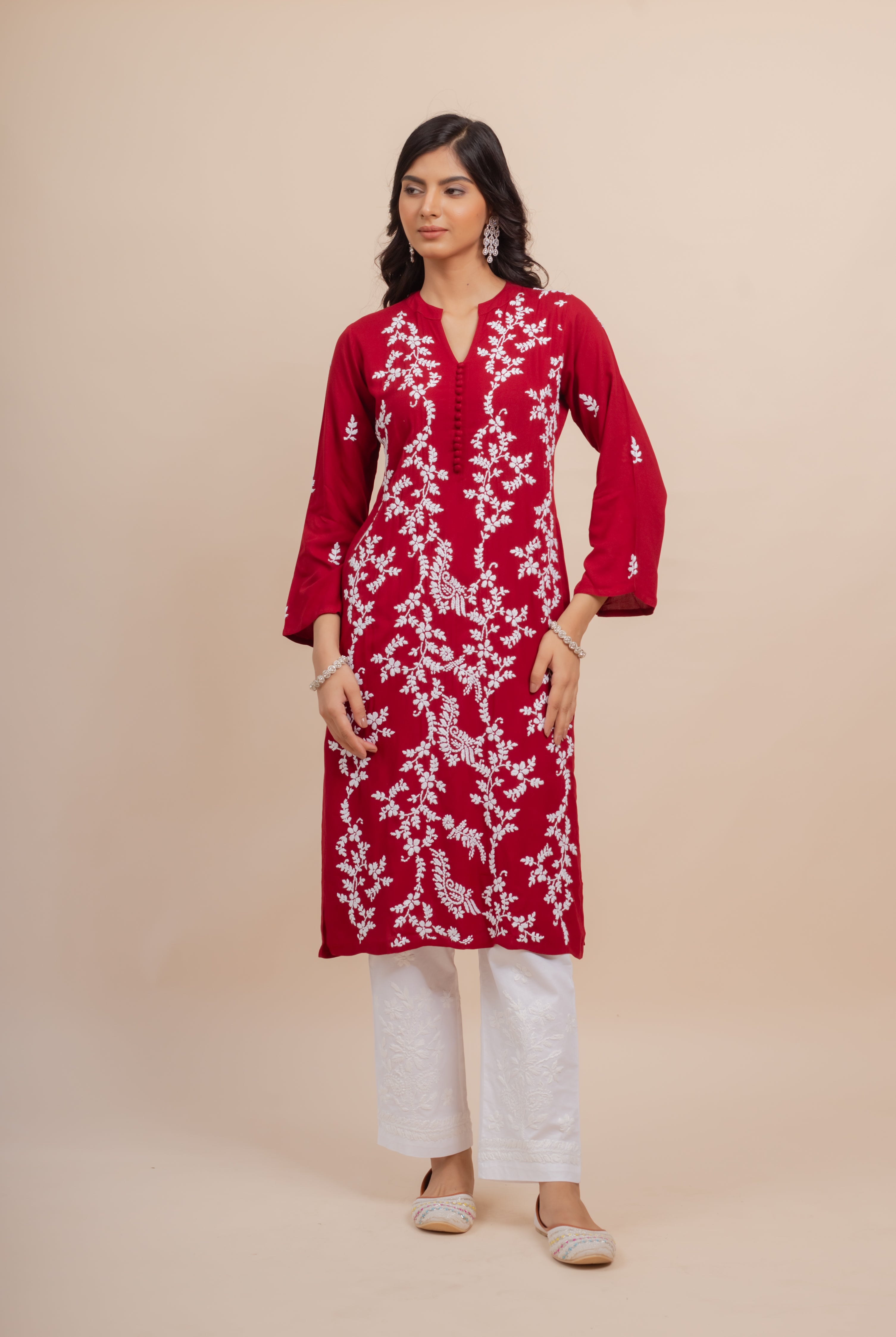 Saba Chikankari Long Kurta In Rayon Cotton - Burgunday