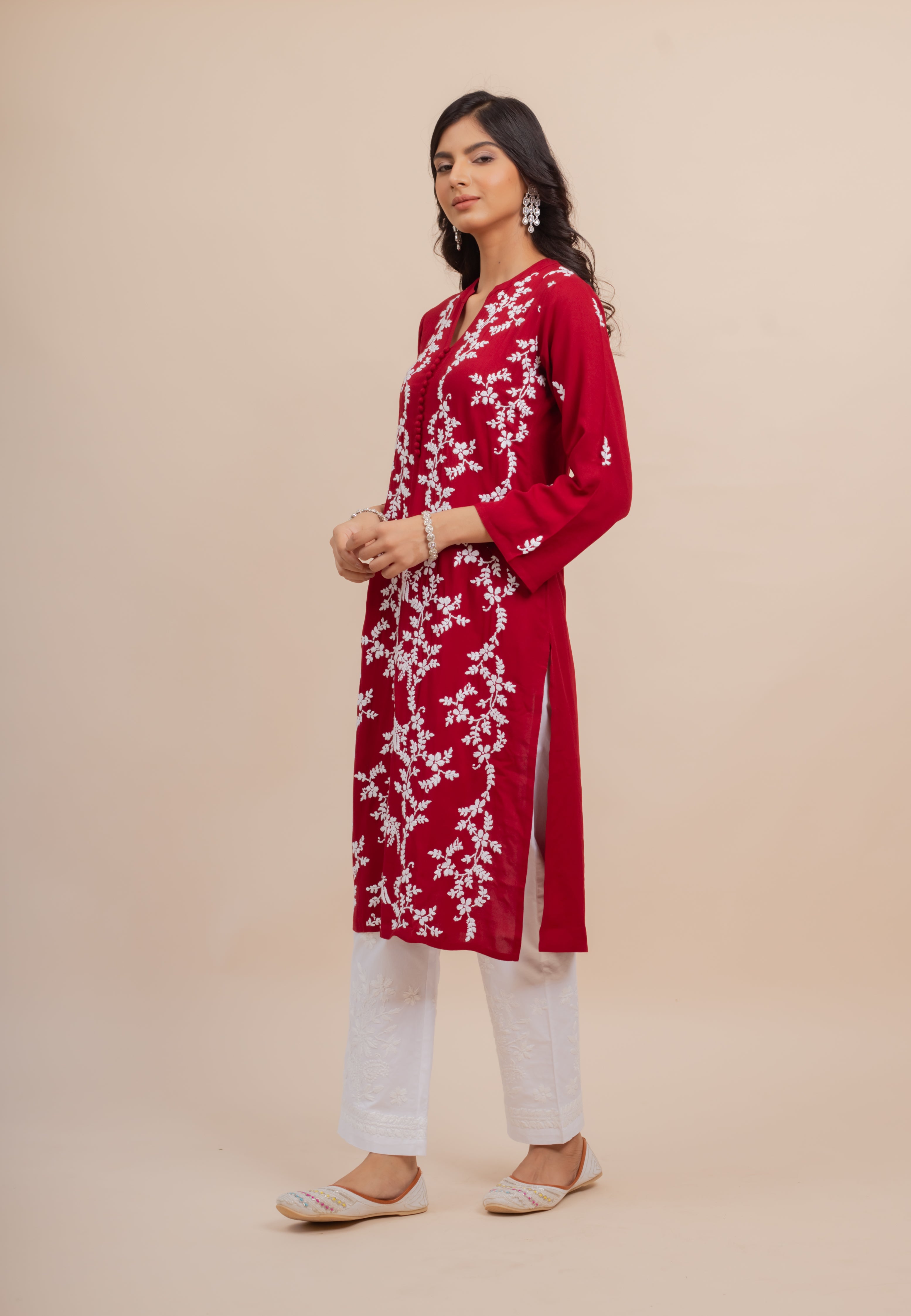 Saba Chikankari Long Kurta In Rayon Cotton - Burgunday