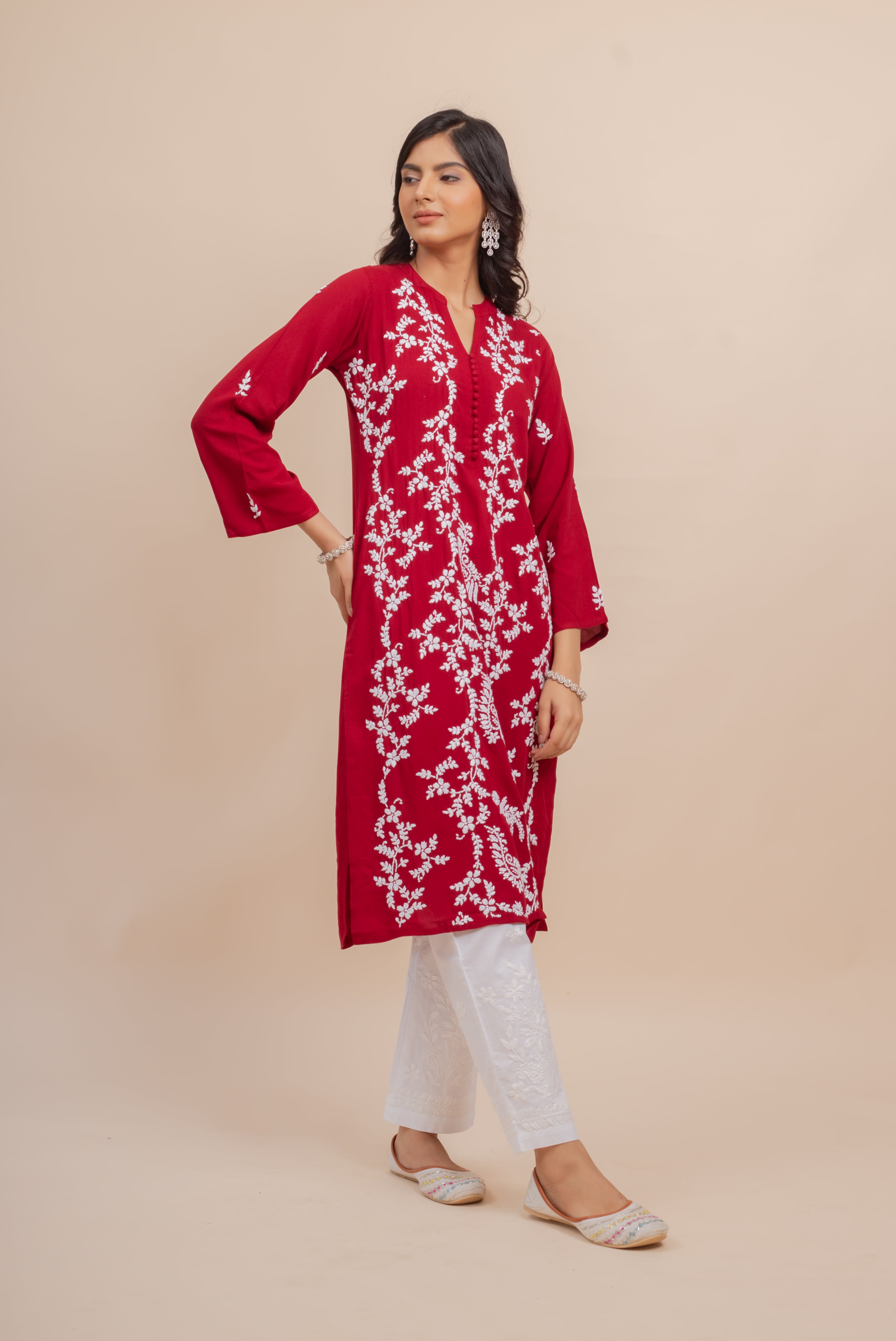 Saba Chikankari Long Kurta In Rayon Cotton - Burgunday