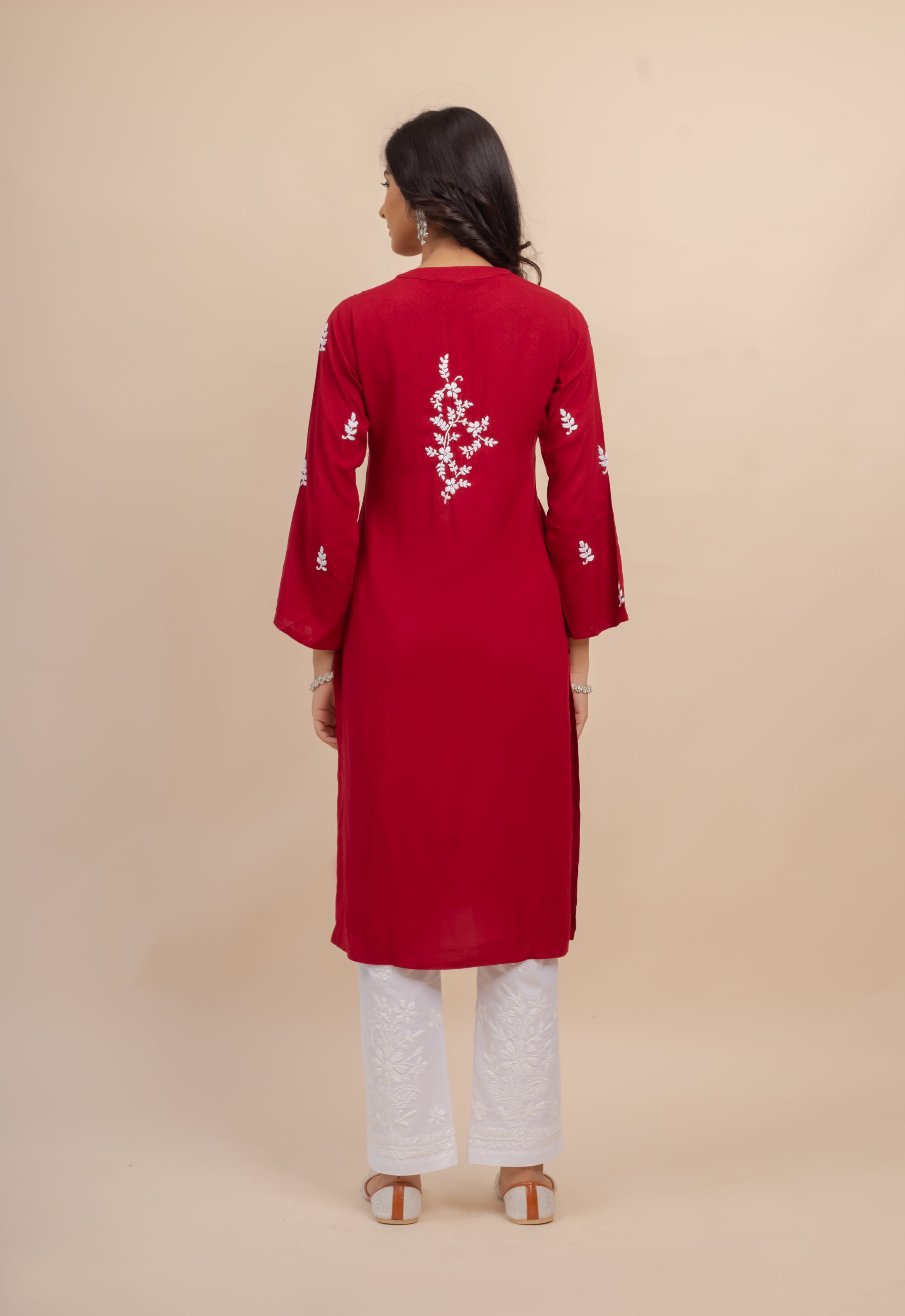 Saba Chikankari Long Kurta In Rayon Cotton - Burgunday