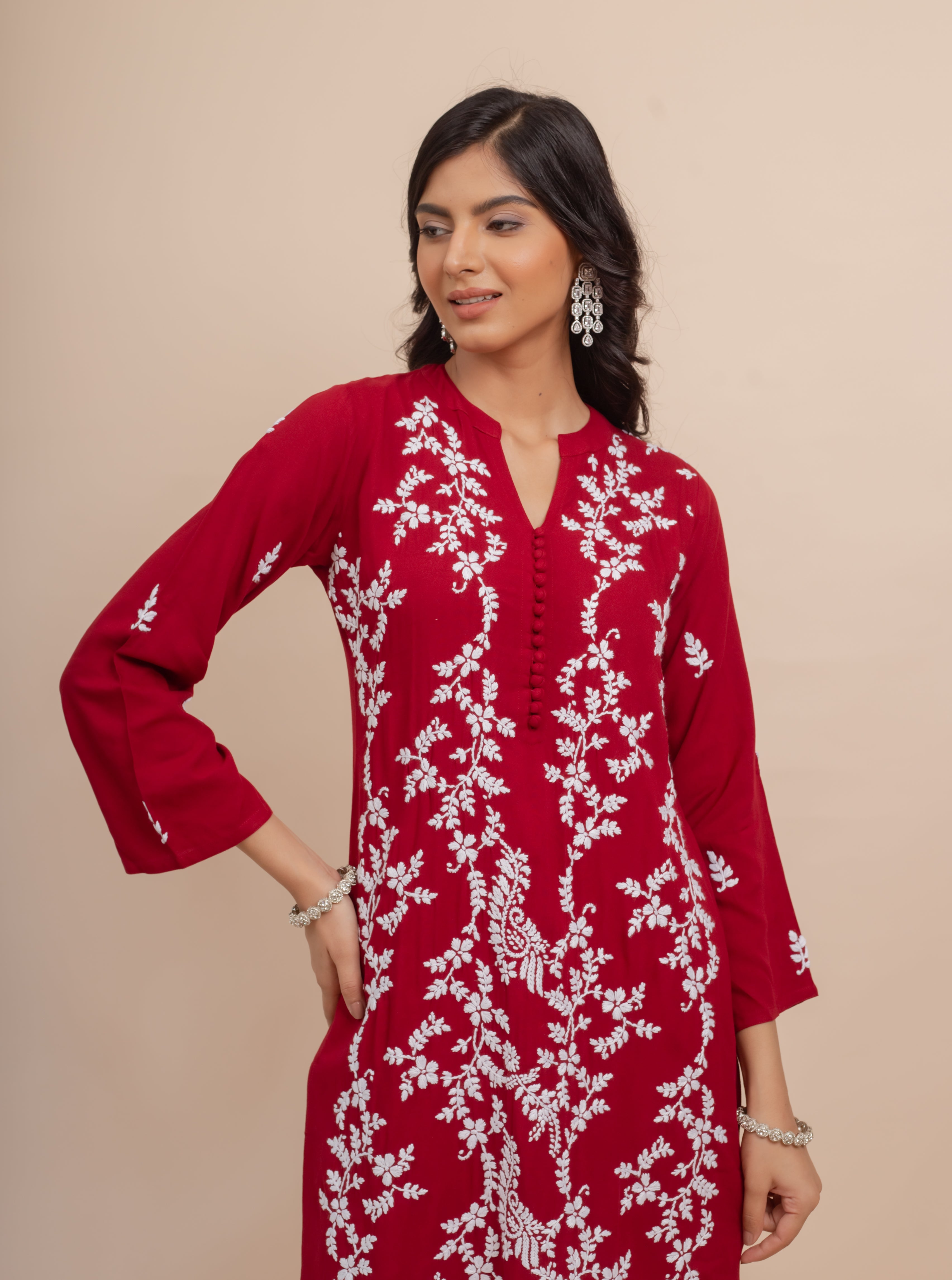 Saba Chikankari Long Kurta In Rayon Cotton - Burgunday