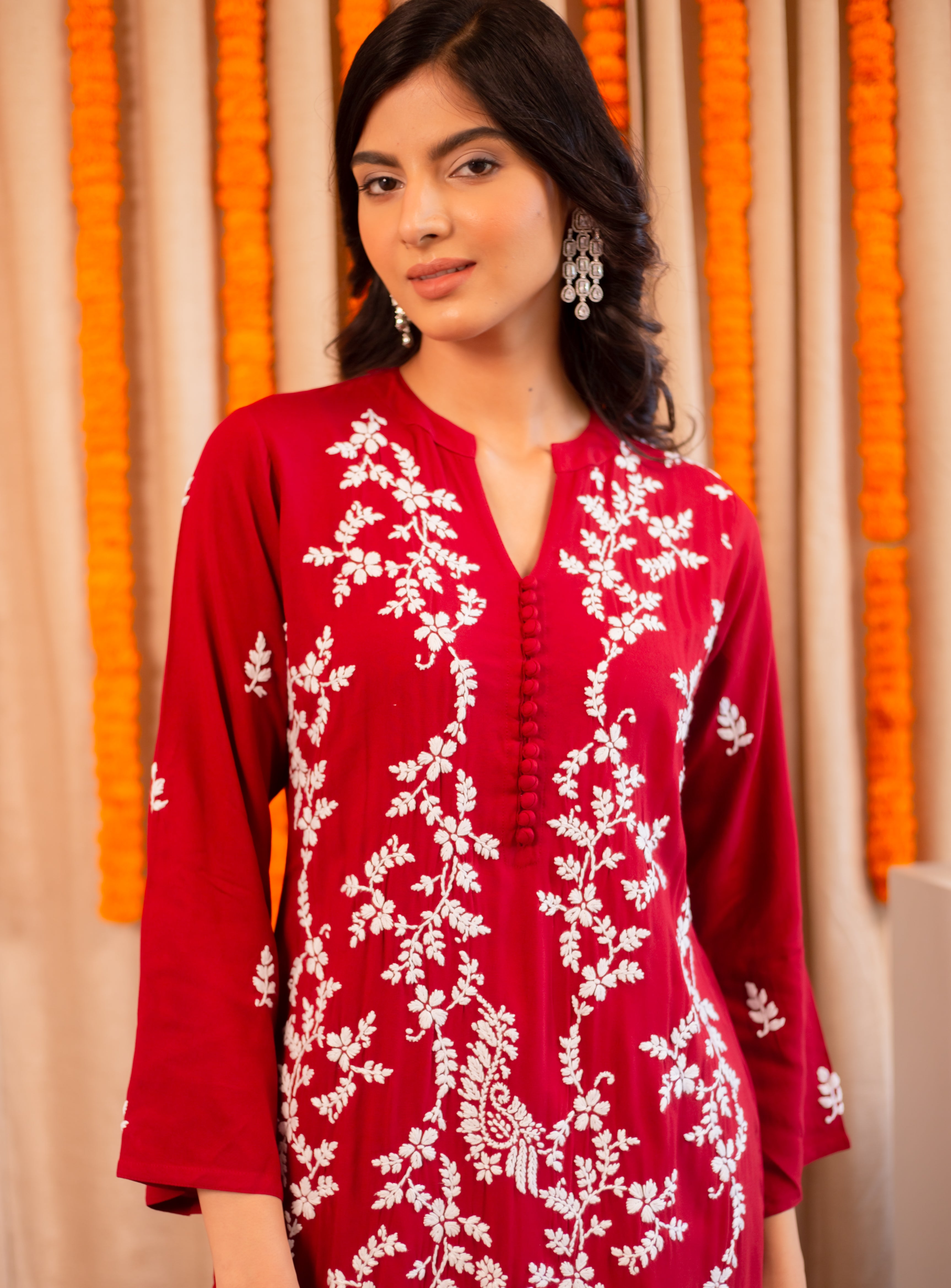 Saba Chikankari Long Kurta In Rayon Cotton - Burgunday