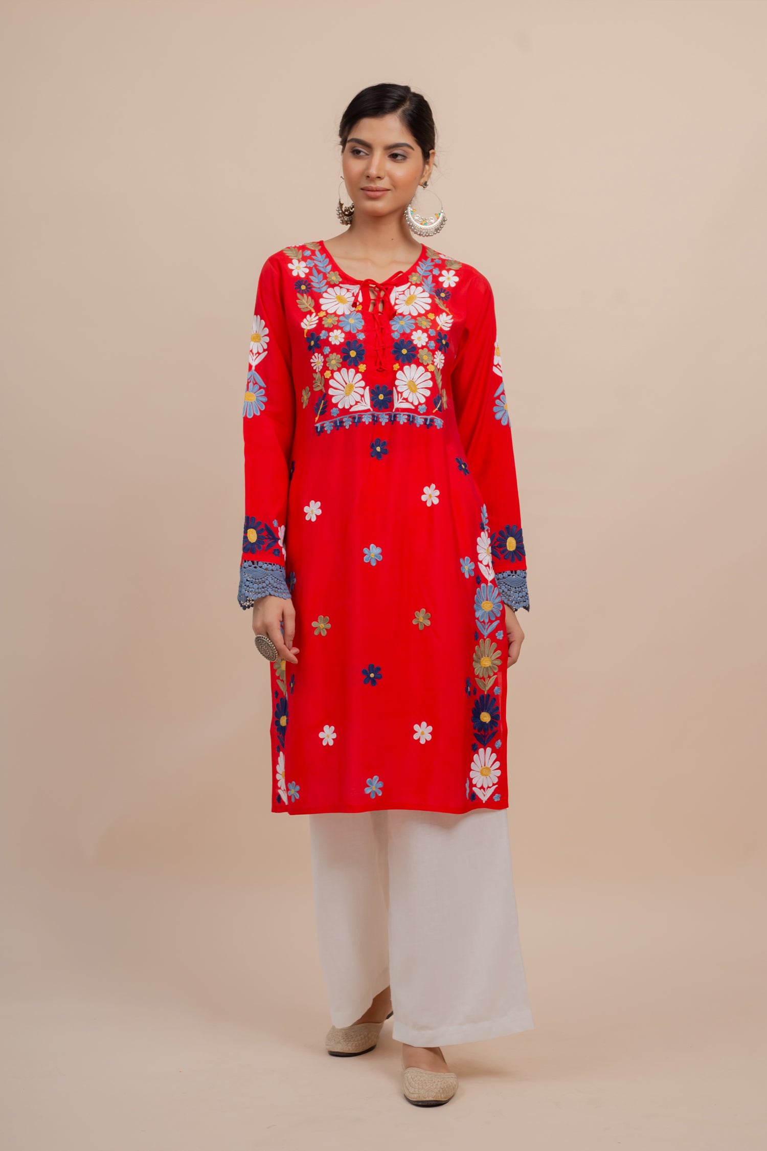 Falak Kashmiri Long Kurta In Red Muslin With Aari