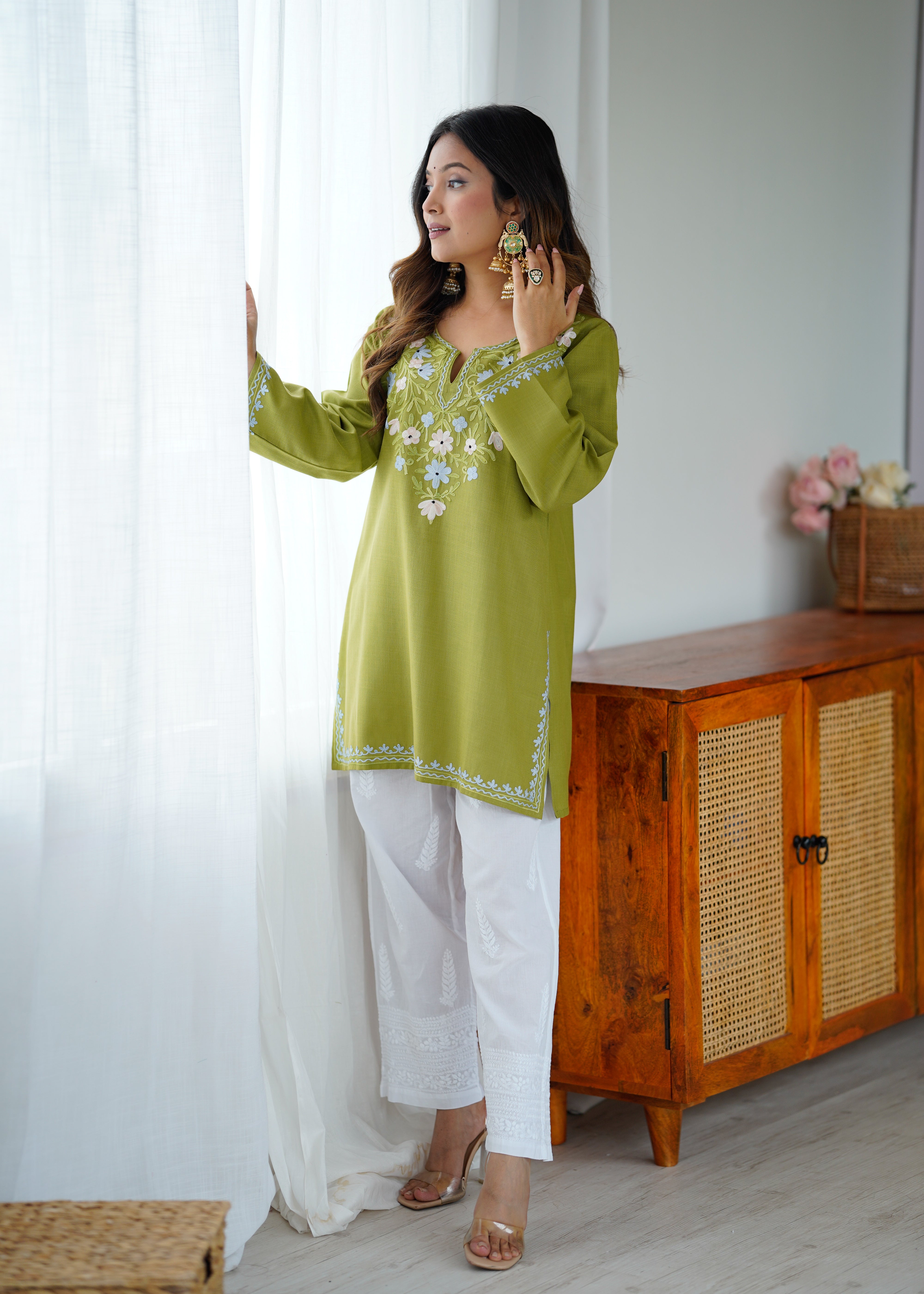 Aarti in Kashmiri Aari Work Cotton Short Kurta – Green