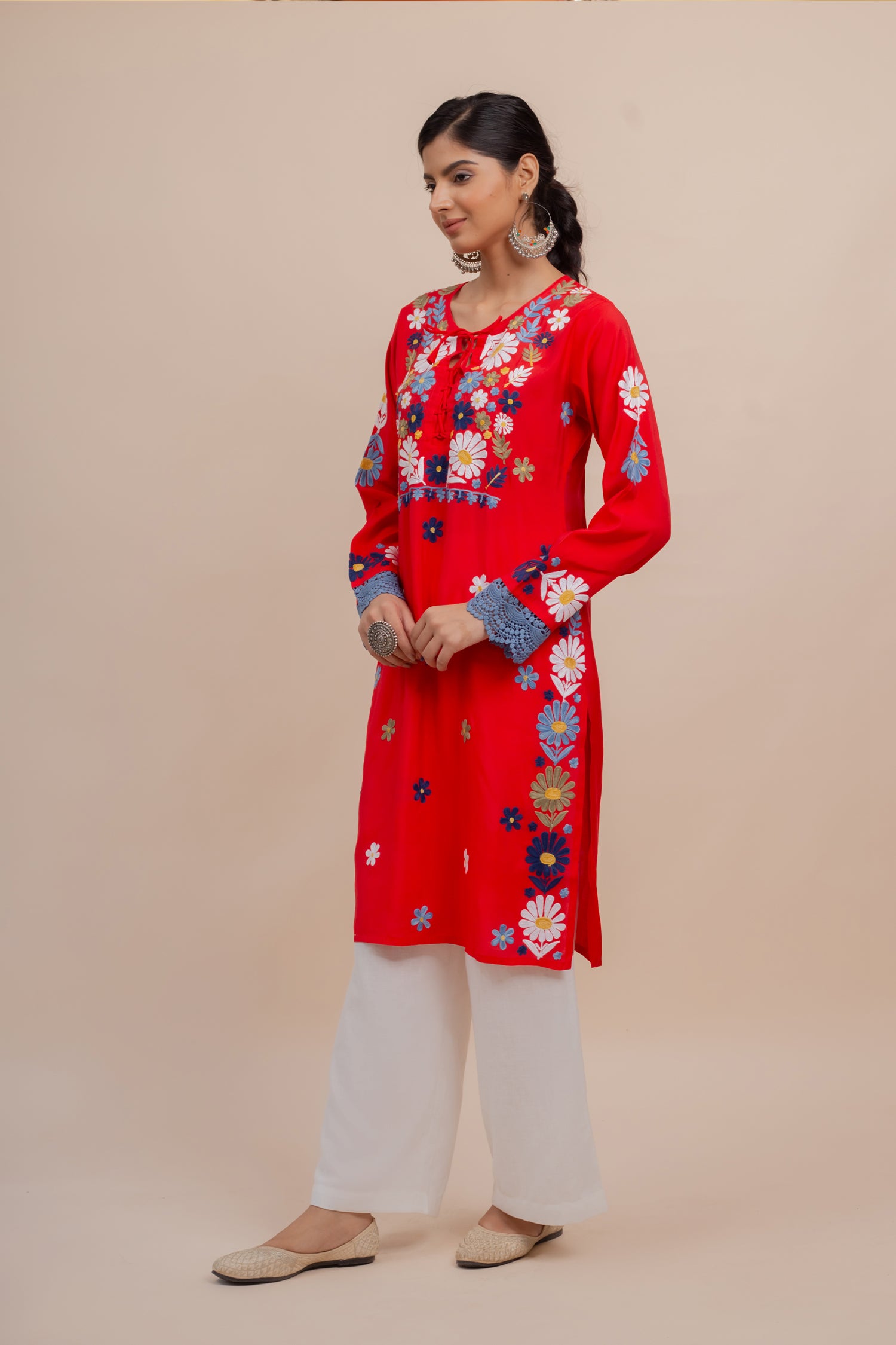 Falak Kashmiri Long Kurta In Red Muslin With Aari