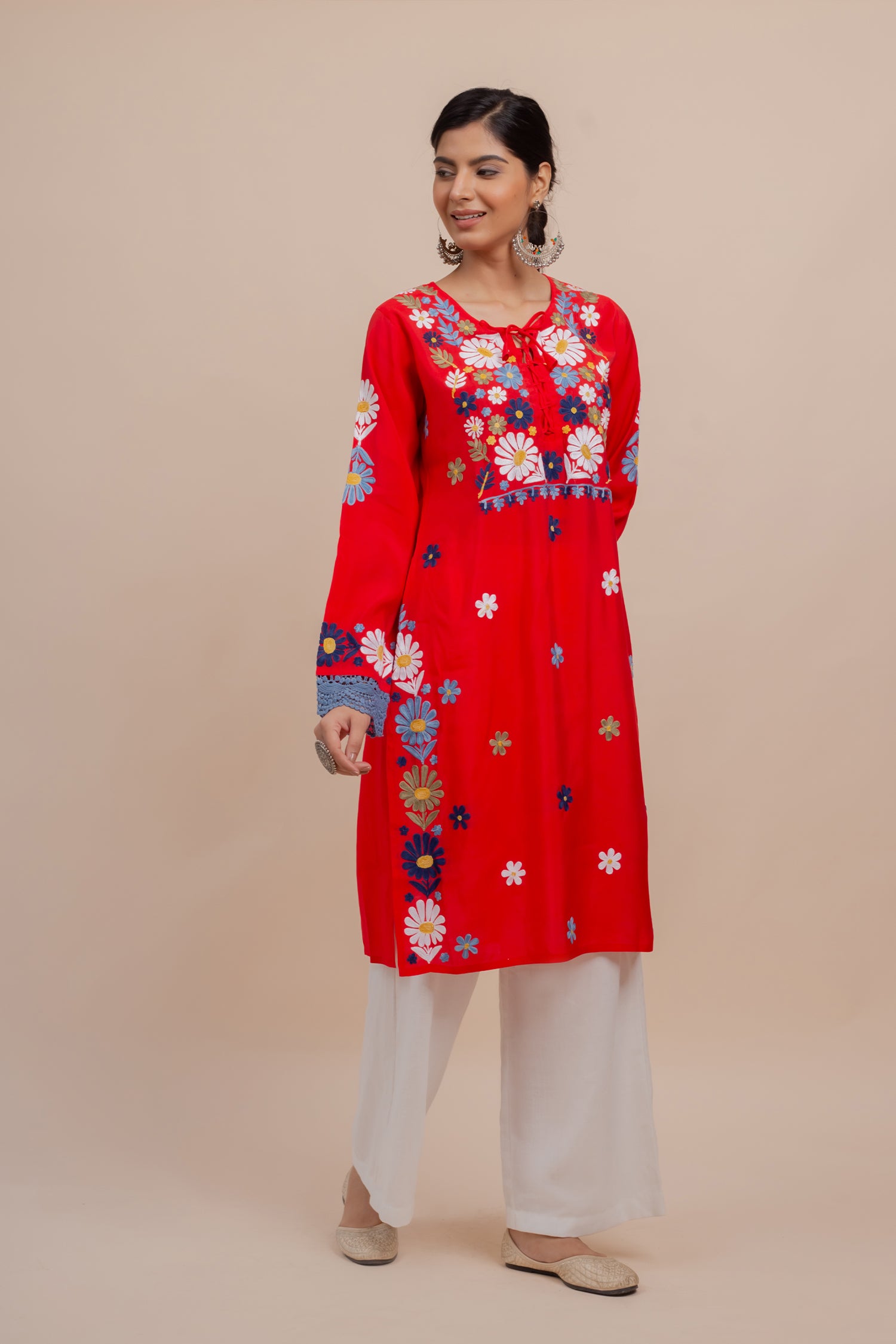 Falak Kashmiri Long Kurta In Red Muslin With Aari
