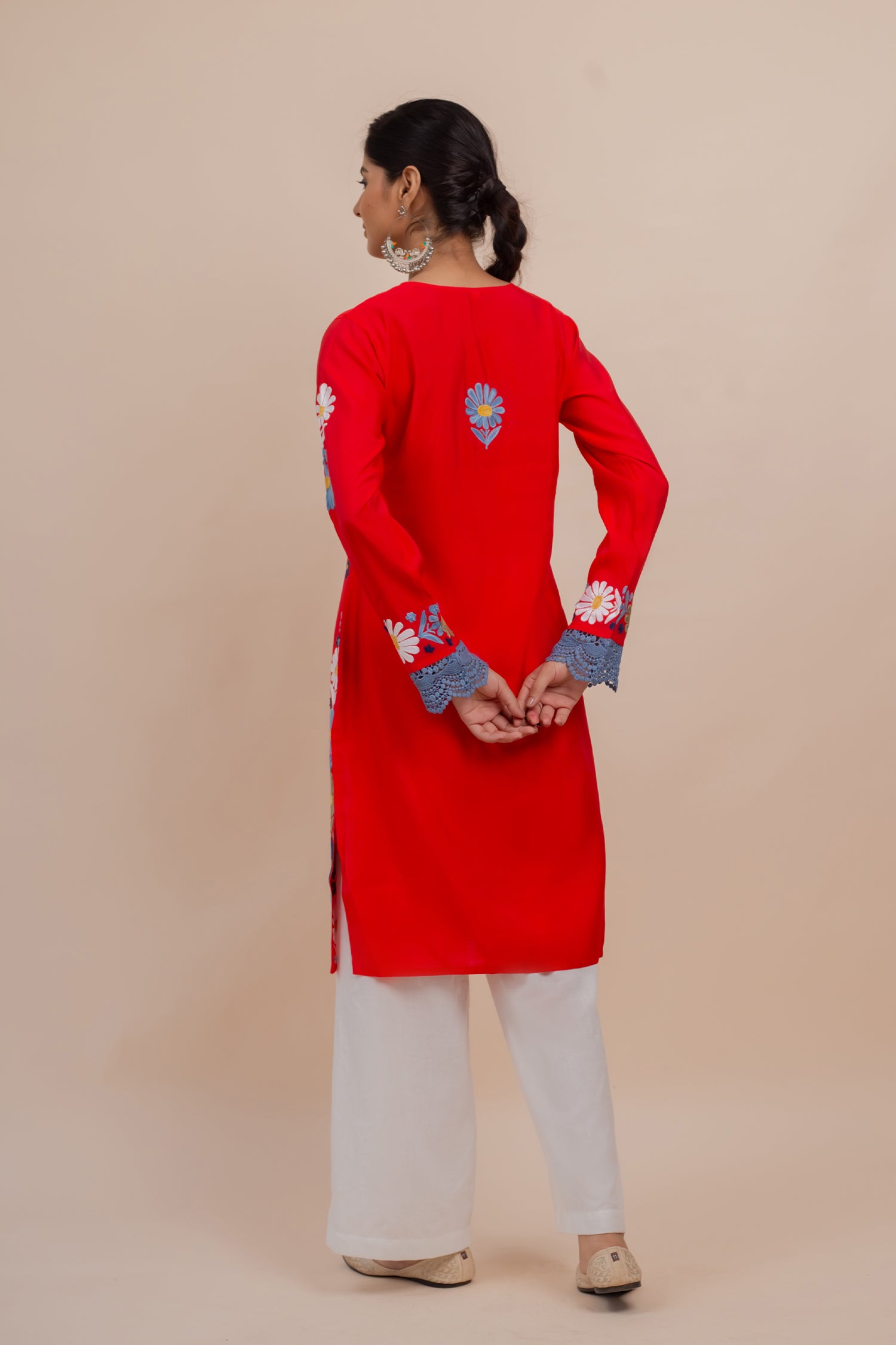 Falak Kashmiri Long Kurta In Red Muslin With Aari