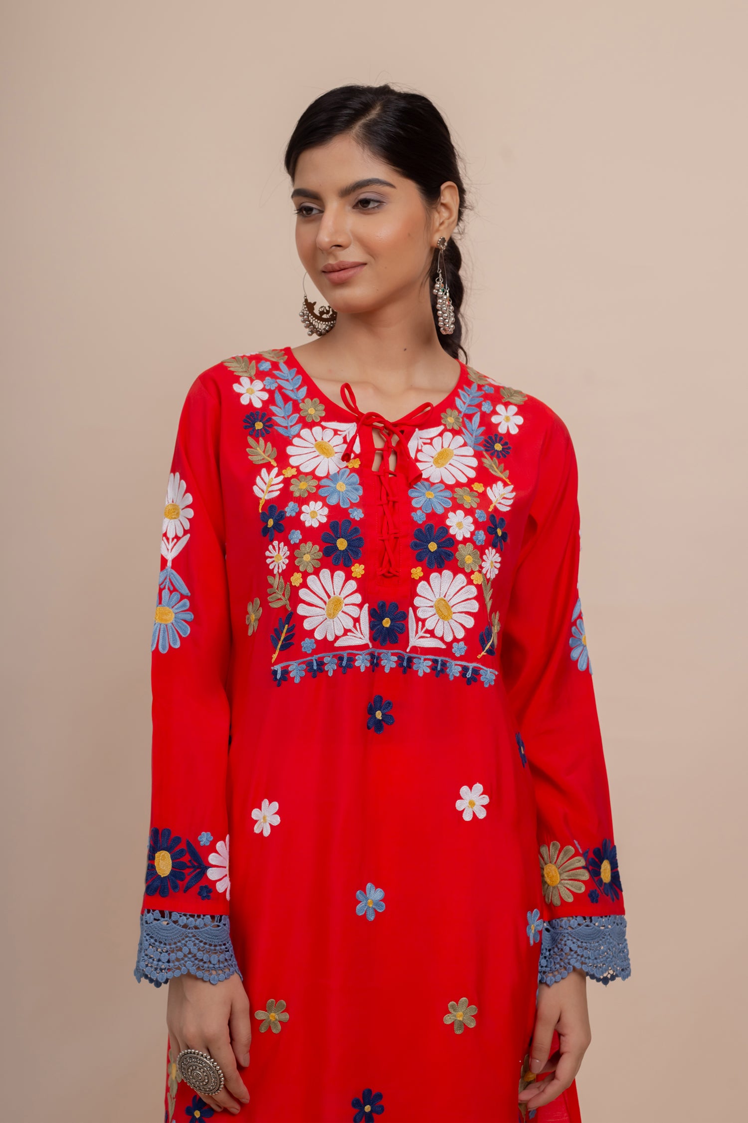 Falak Kashmiri Long Kurta In Red Muslin With Aari
