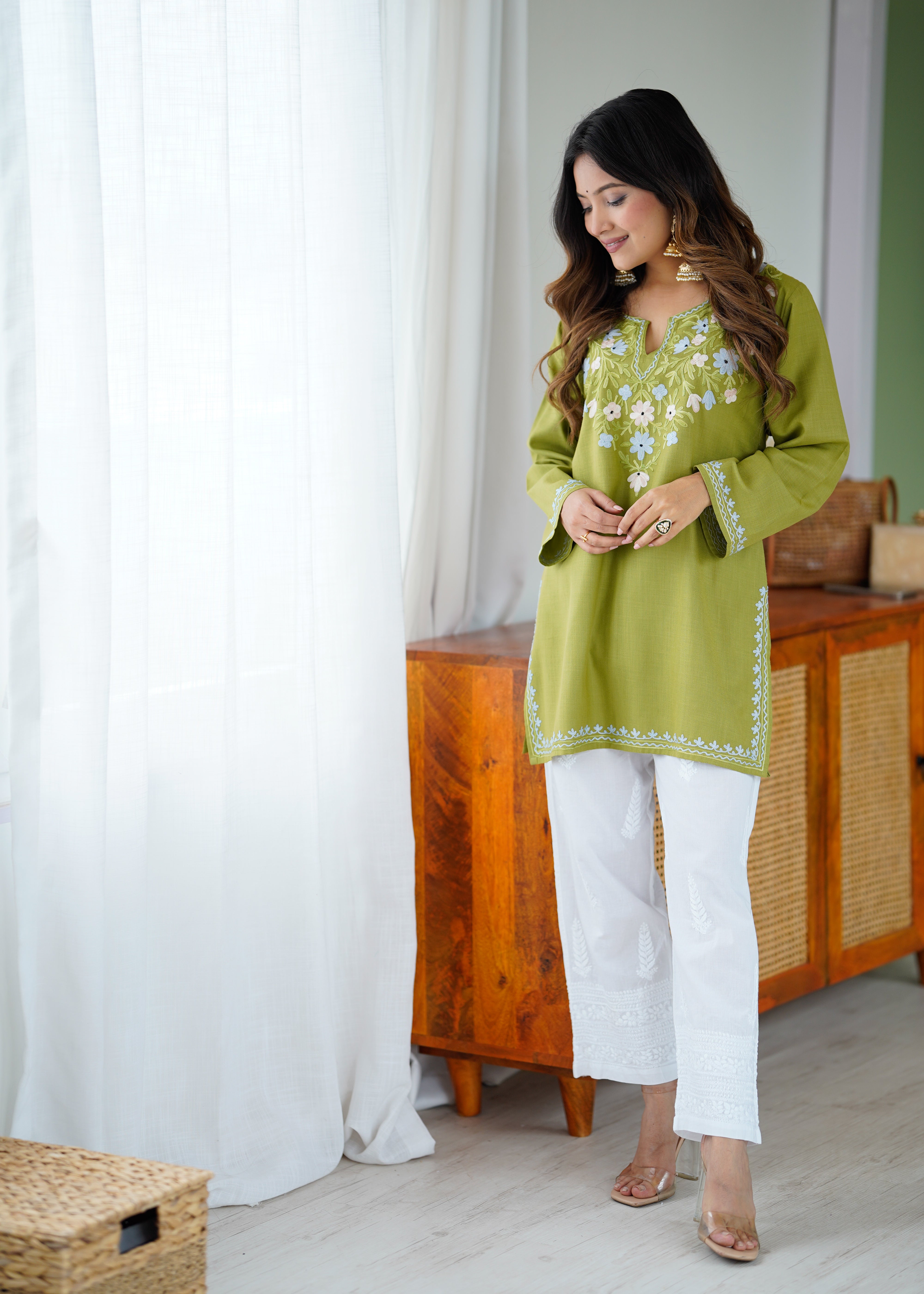 Aarti in Kashmiri Aari Work Cotton Short Kurta – Green