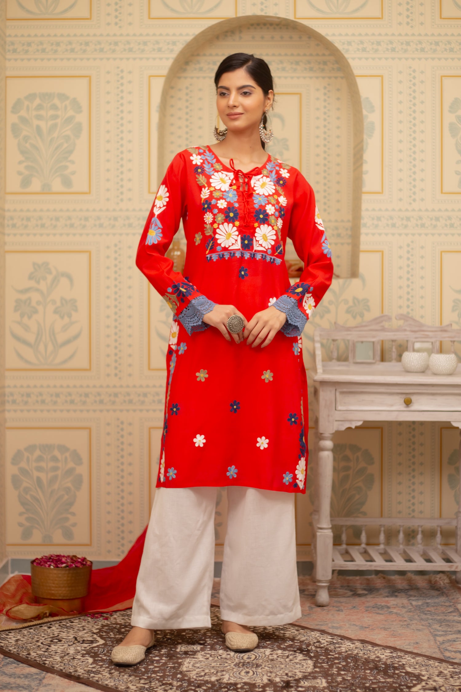 Falak Kashmiri Long Kurta In Red Muslin With Aari