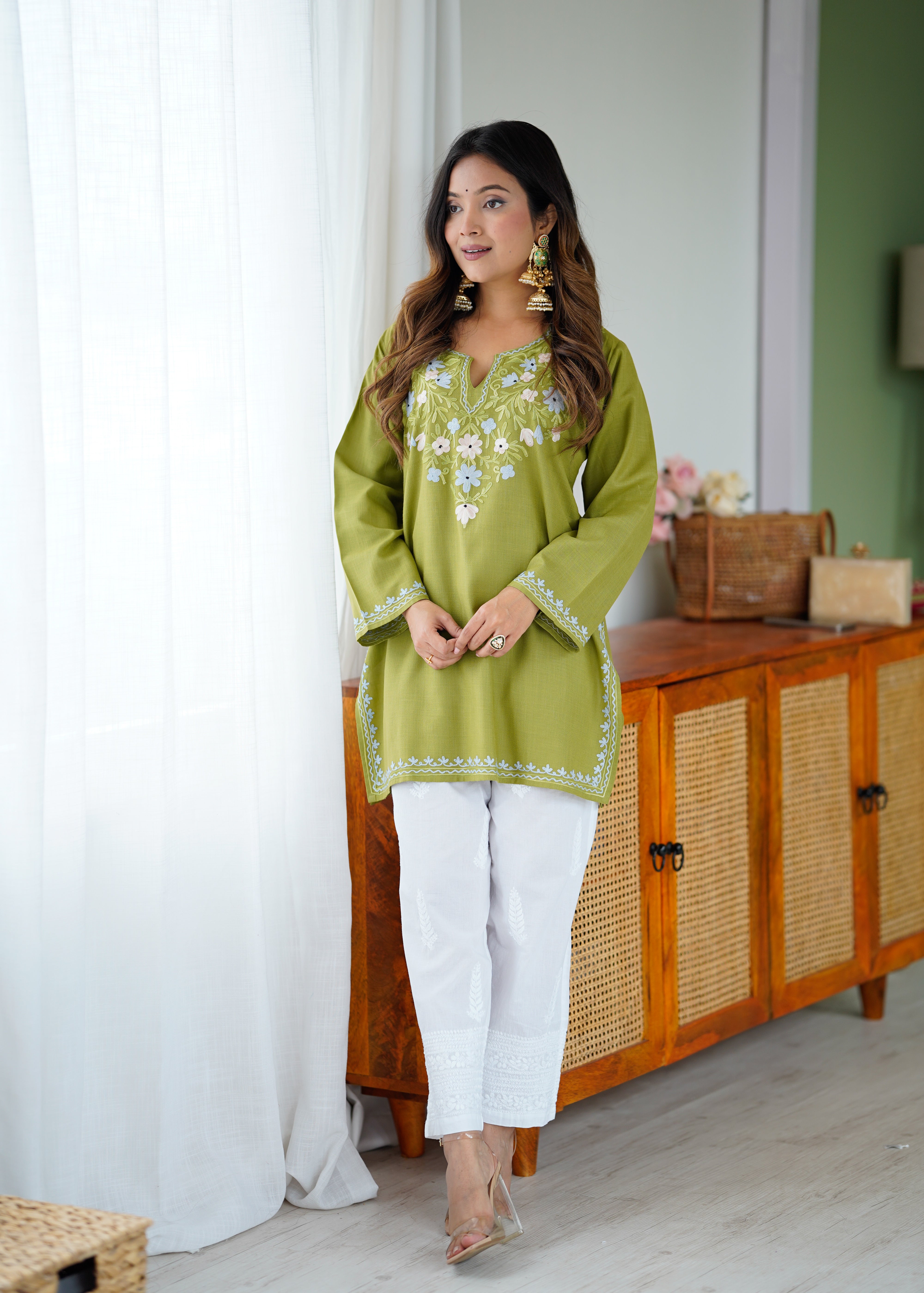 Aarti in Kashmiri Aari Work Cotton Short Kurta – Green