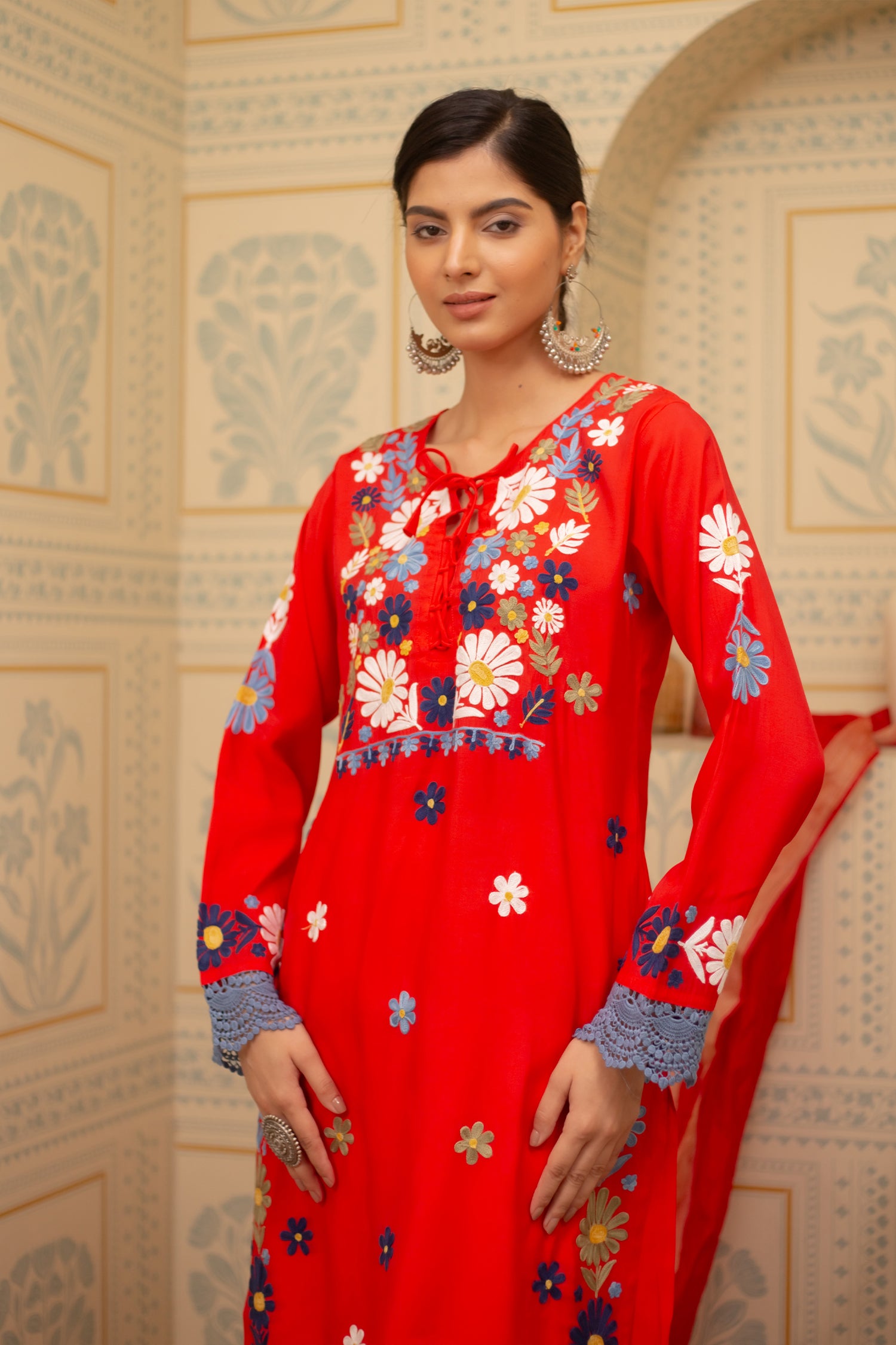 Falak Kashmiri Long Kurta In Red Muslin With Aari