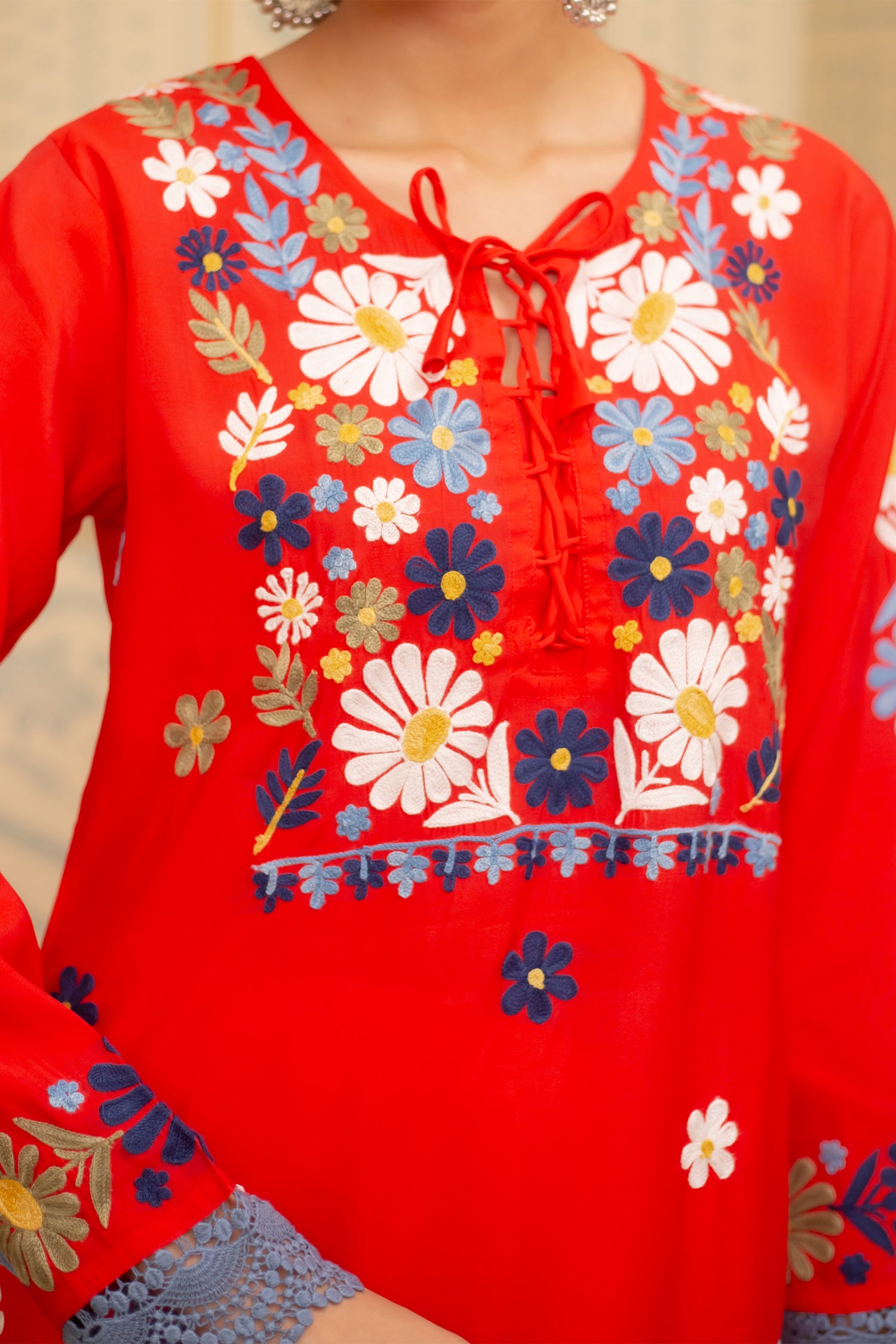 Falak Kashmiri Long Kurta In Red Muslin With Aari