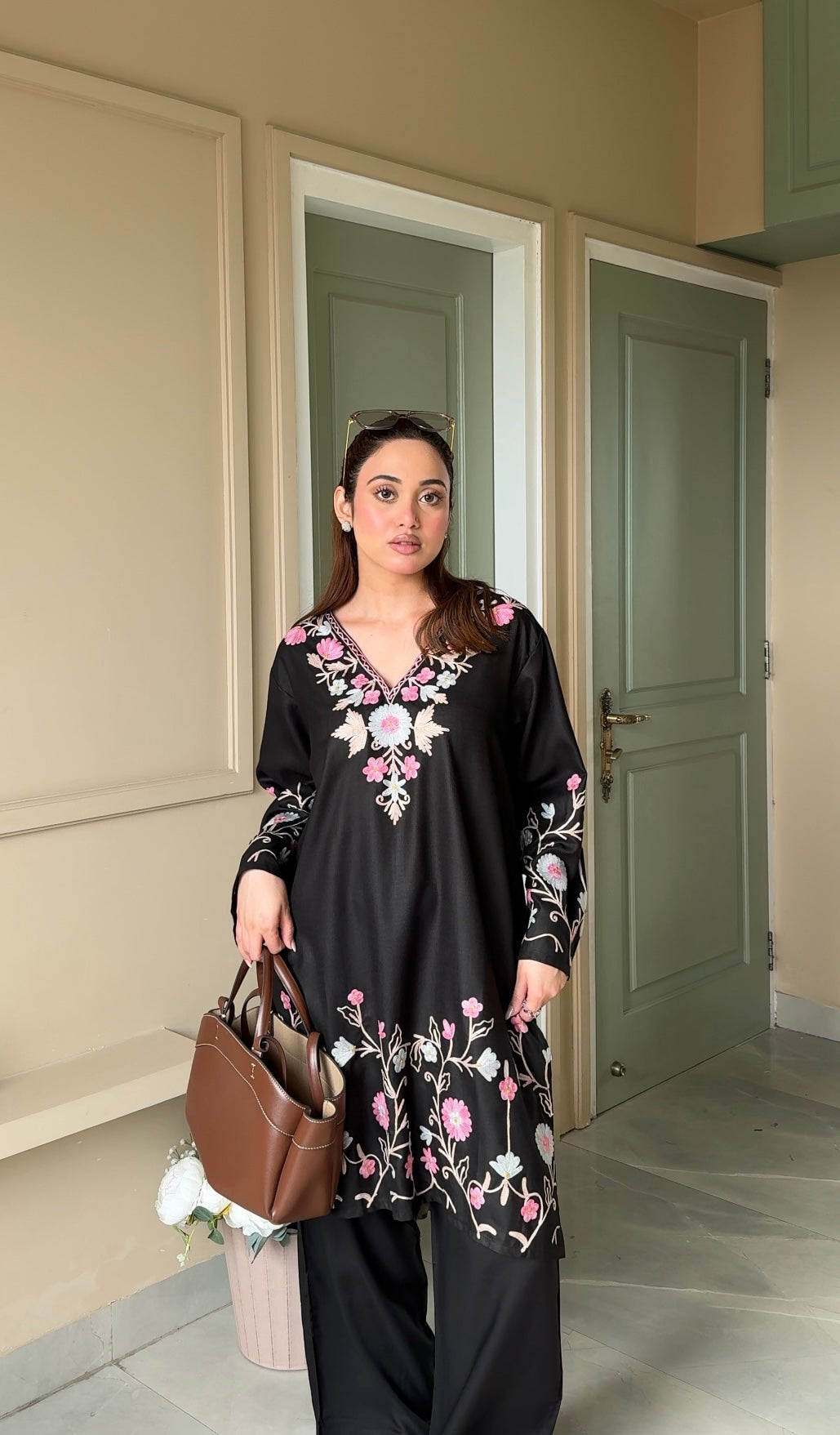 Ishita in Kashmiri Aari Work Kurta – Black with Multicolor Embroidery