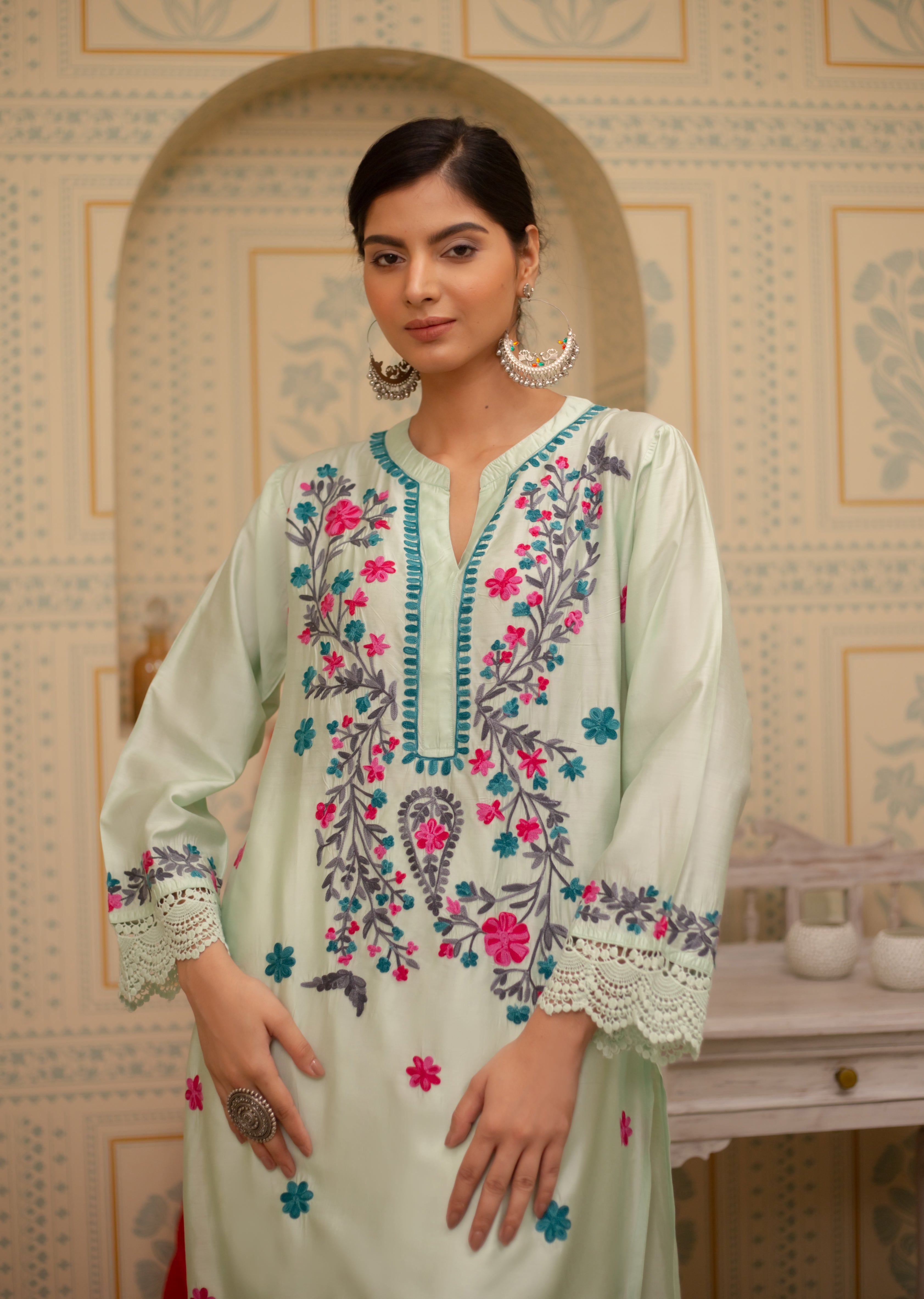 Falak Kashmiri Long Kurta In Turquoise Green Chanderi Silk With Aari