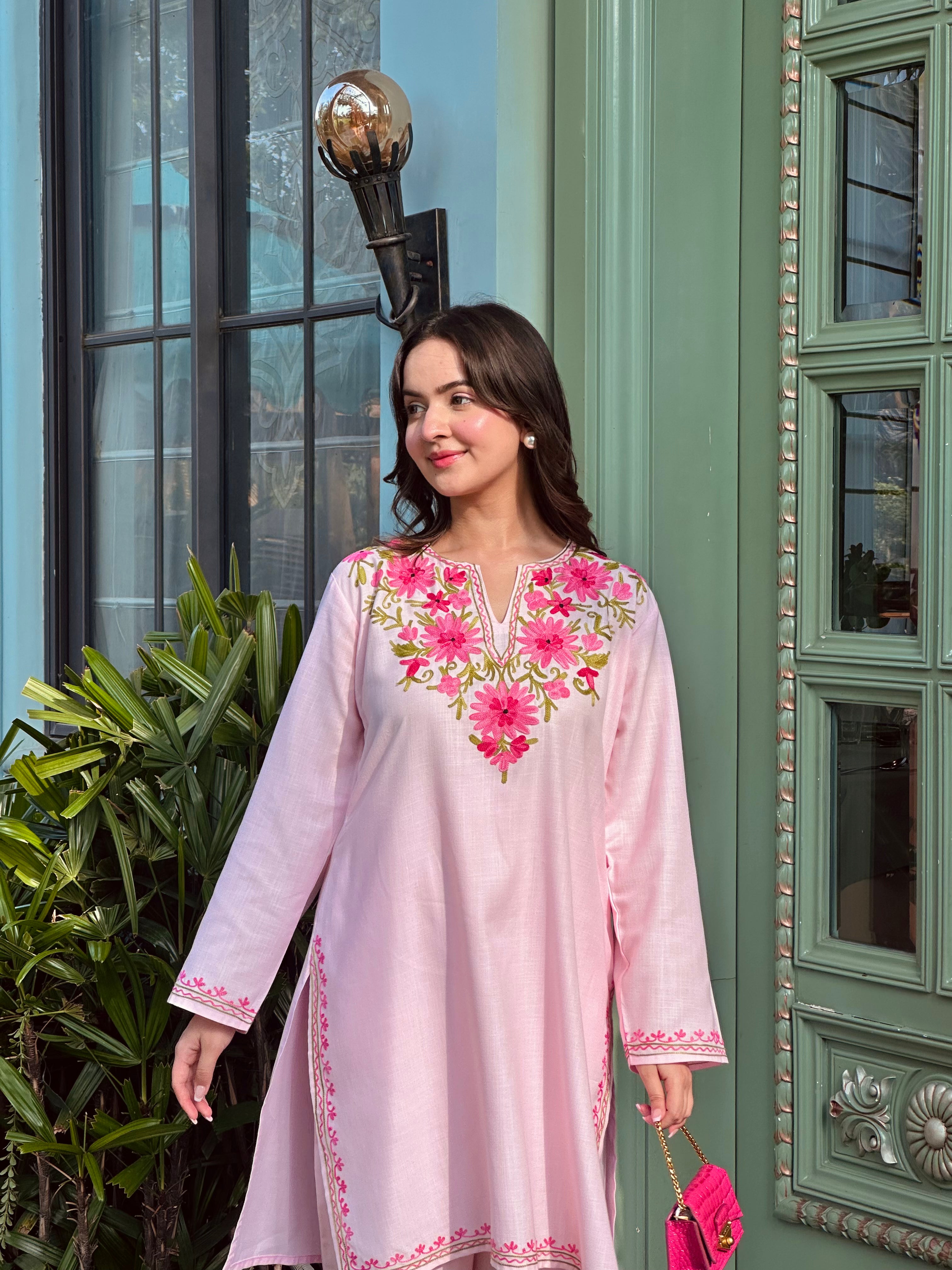 Bhavya in Kashmiri Aari Work Cotton Kurta Set - Baby Pink