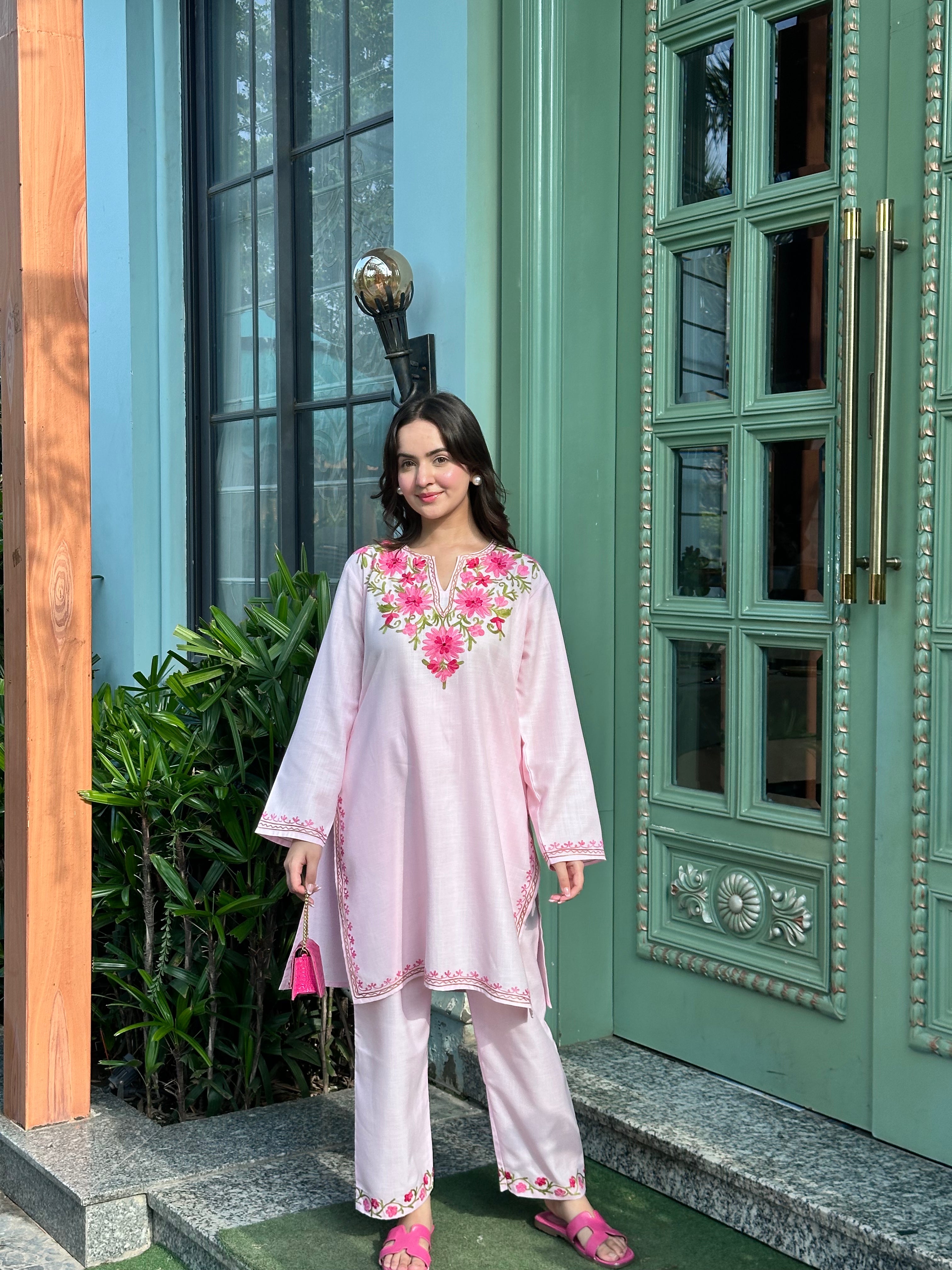 Bhavya in Kashmiri Aari Work Cotton Kurta Set - Baby Pink