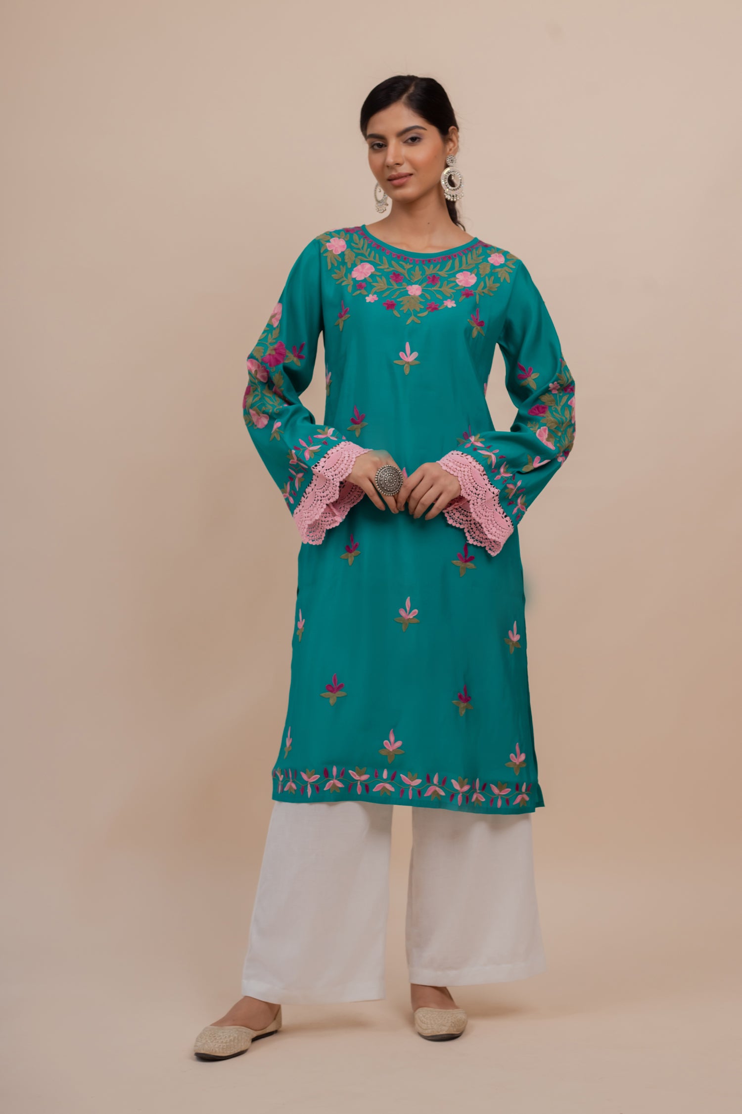 Komal x HOK Falak Kashmiri Long Kurta In Turquoise Blue Muslin With Aari