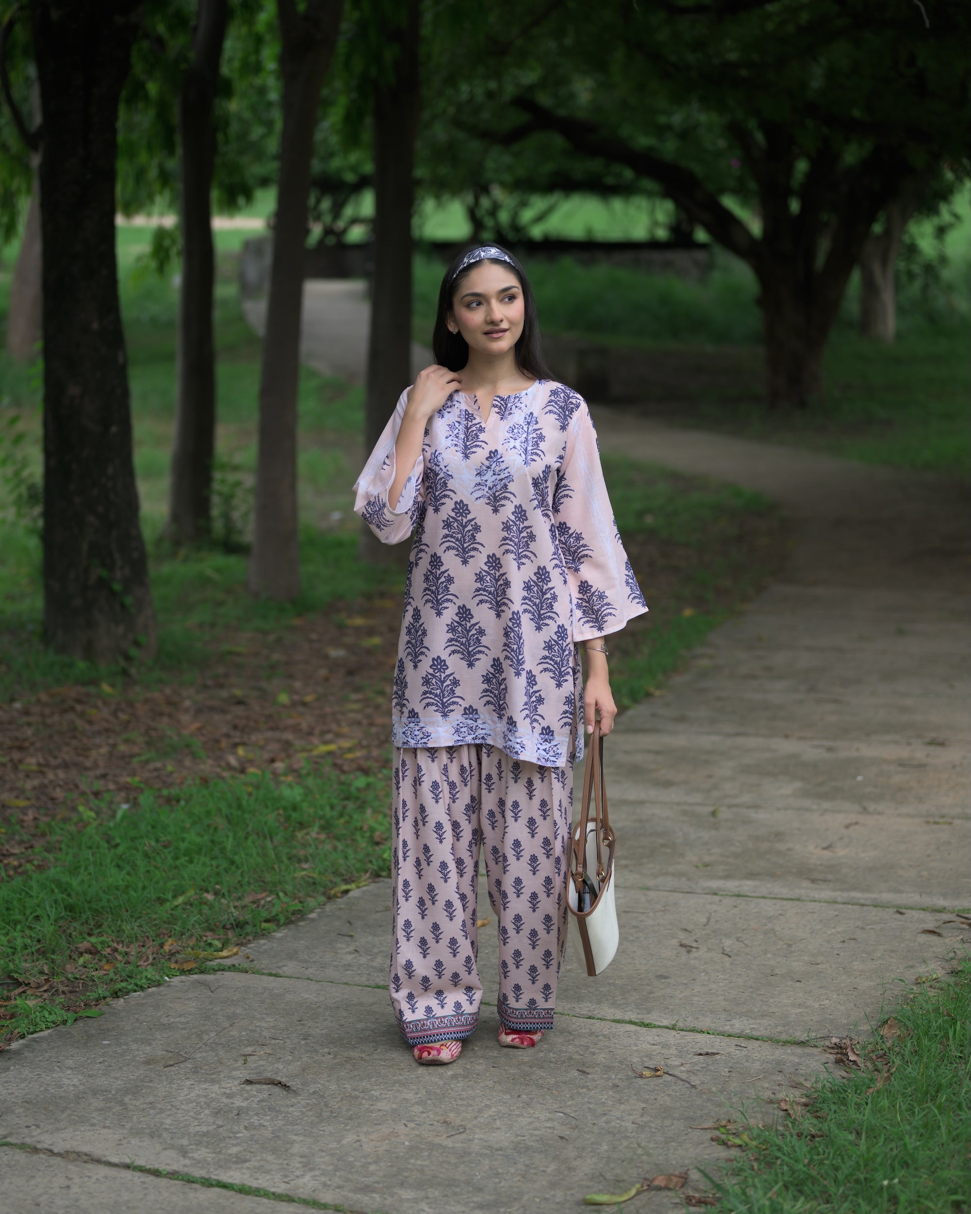 Anureet in Lawn Cotton Co-ord Set - Beige with Navy Floral Print with Farsi Pant