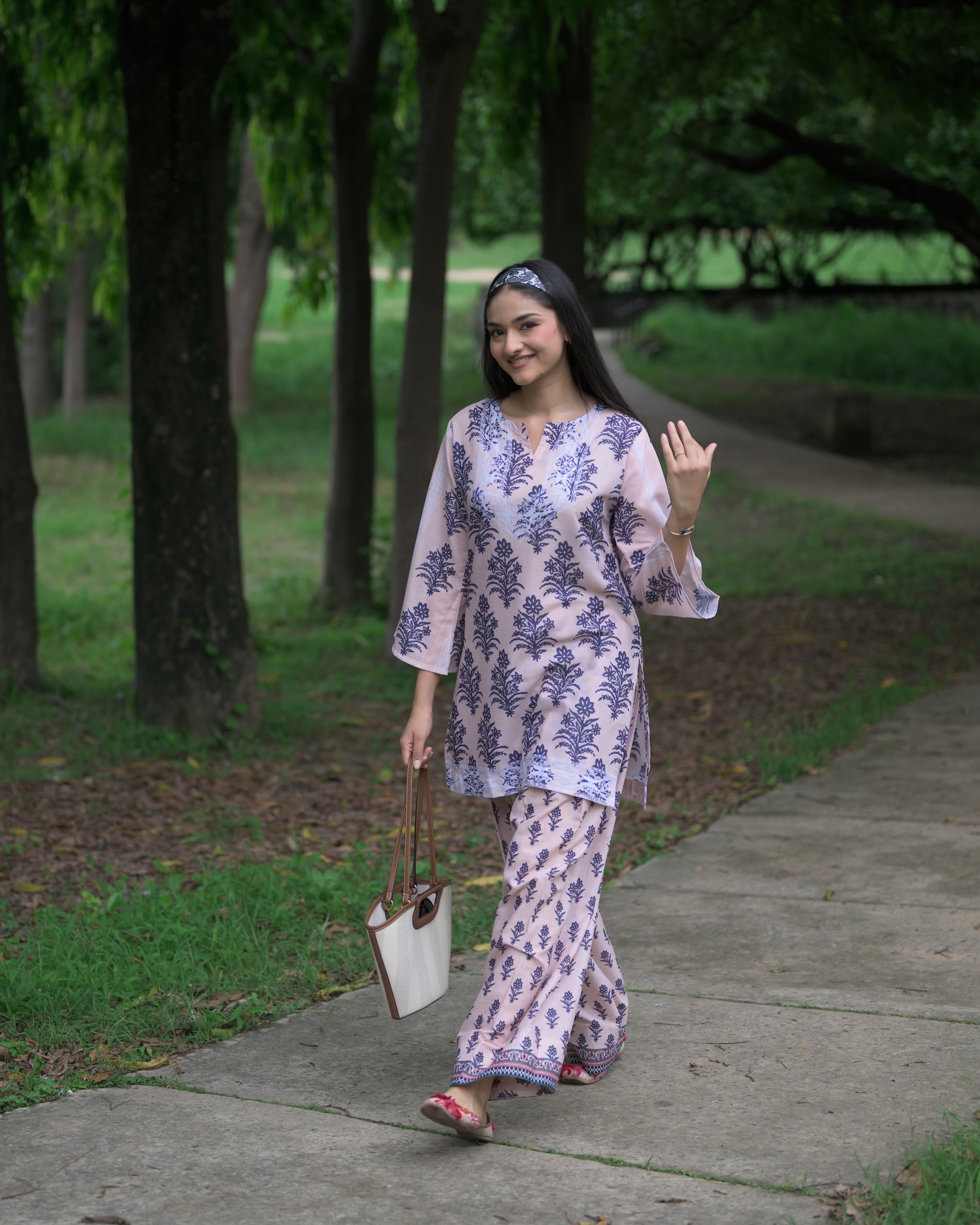 Anureet in Lawn Cotton Co-ord Set - Beige with Navy Floral Print with Farsi Pant