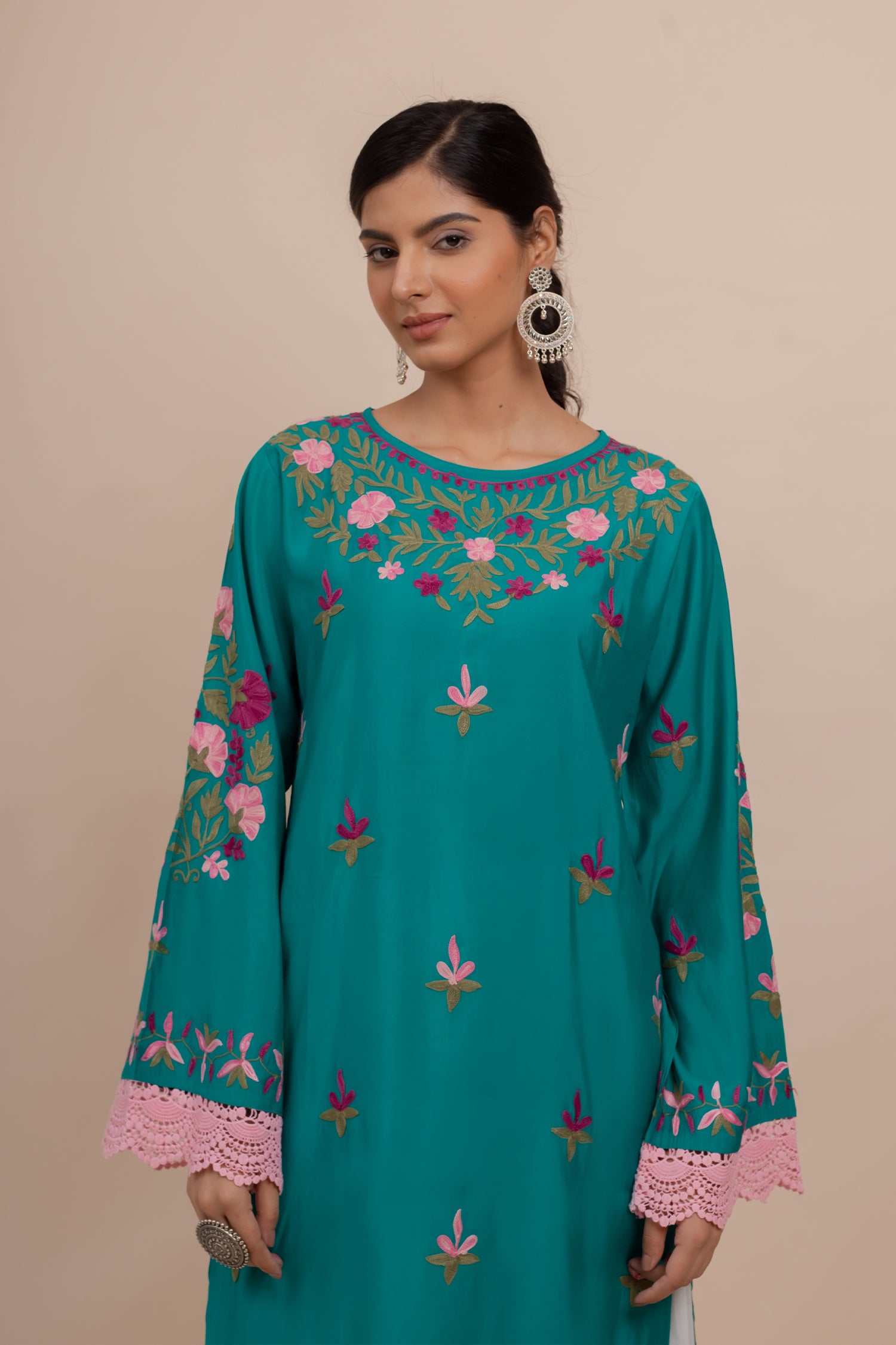 Komal x HOK Falak Kashmiri Long Kurta In Turquoise Blue Muslin With Aari