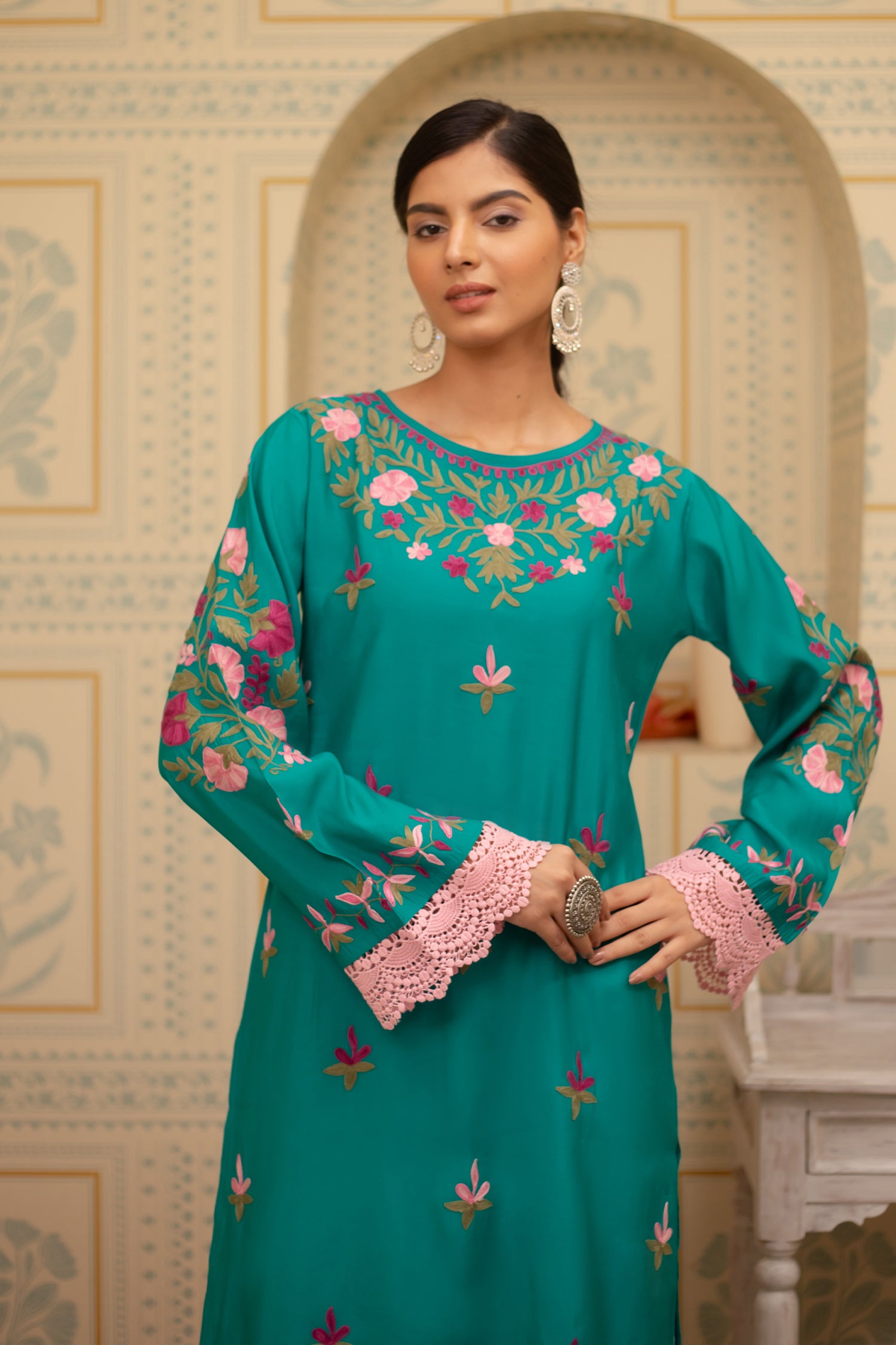 Asmeet in Falak Kashmiri Long Kurta In Turquoise Blue Muslin With Aari