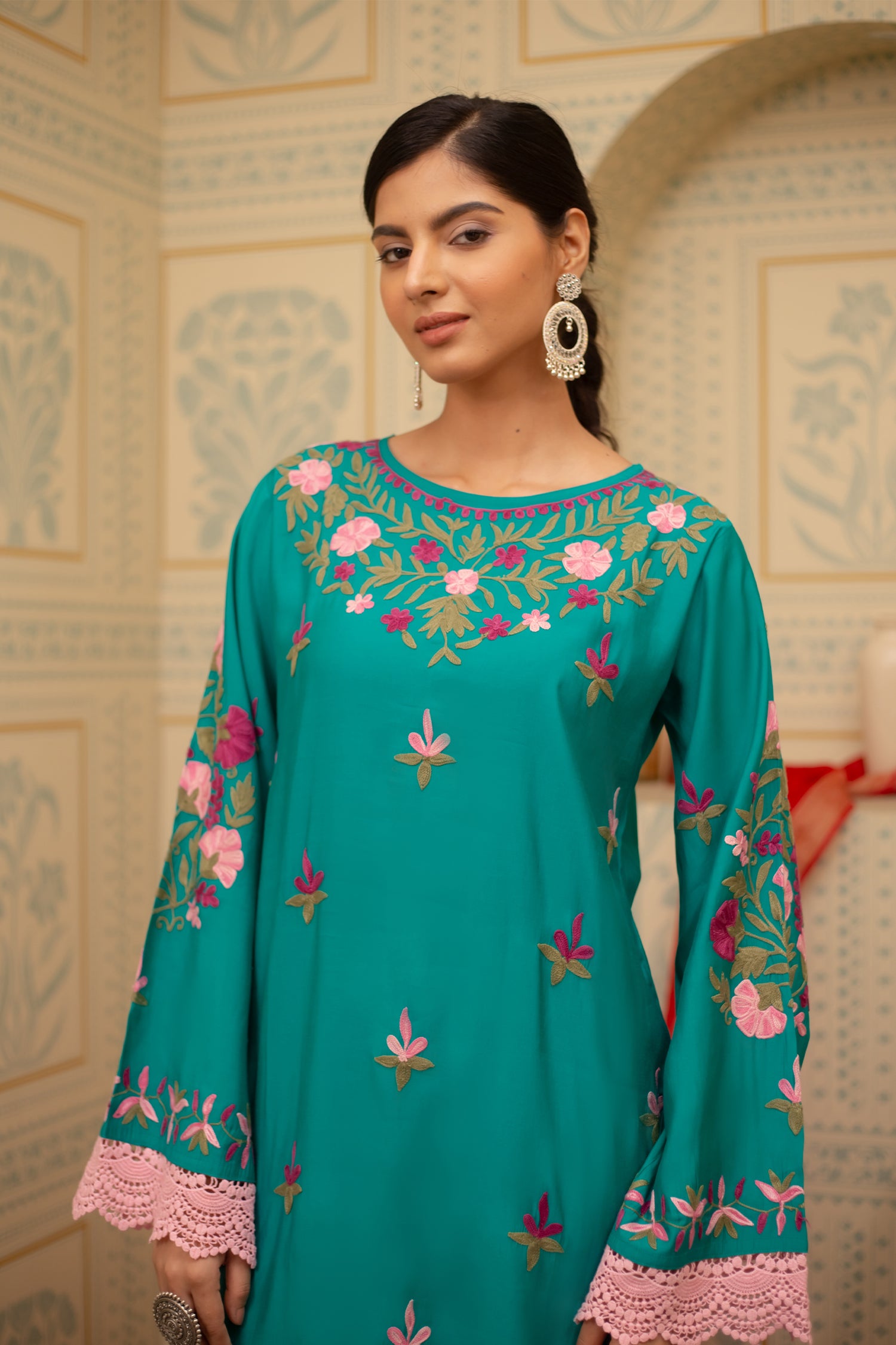 Asmeet in Falak Kashmiri Long Kurta In Turquoise Blue Muslin With Aari