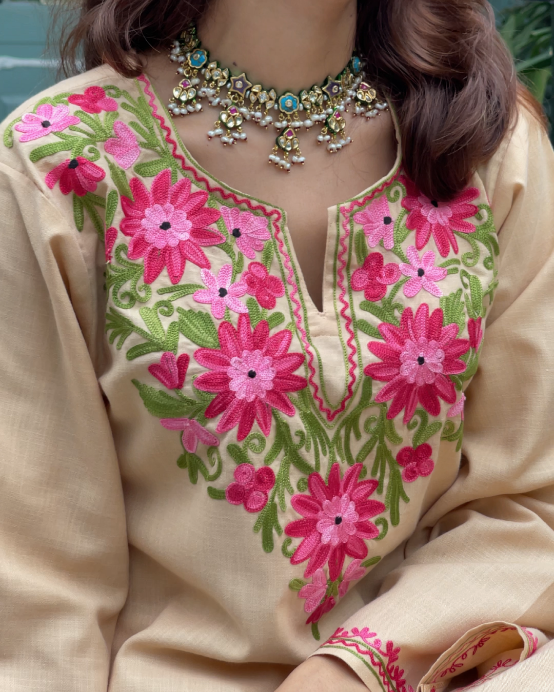 Pooja in Kashmiri Aari Work Cotton Kurta Set - Beige